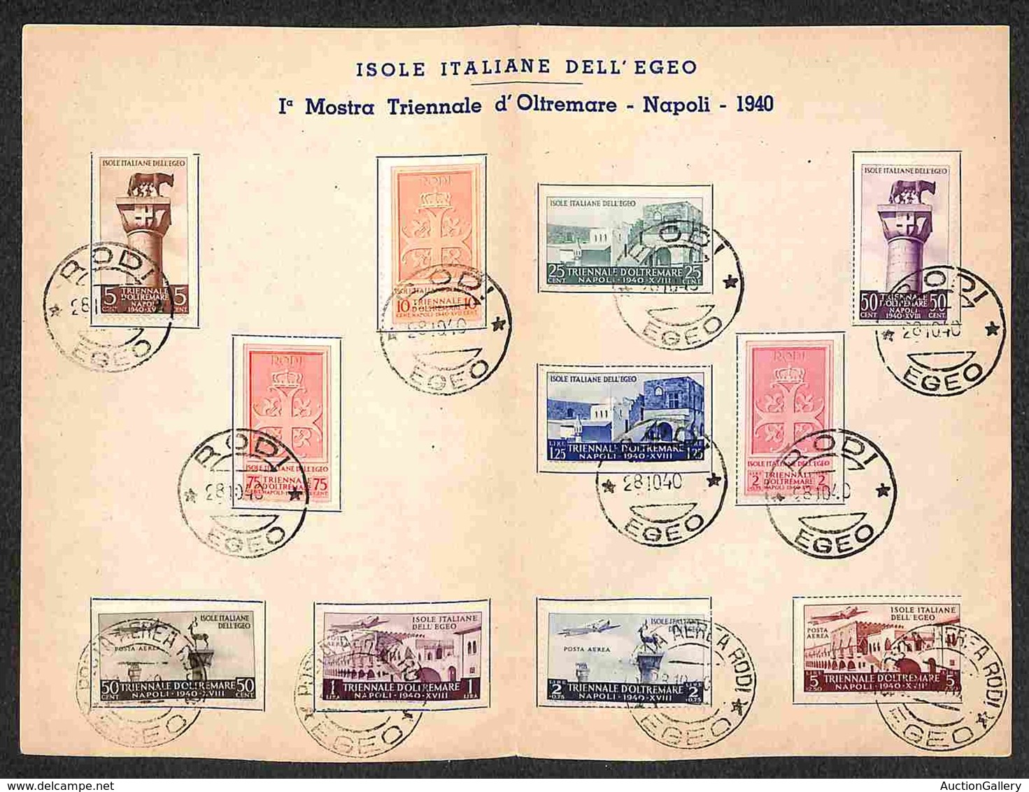 COLONIE - EGEO - 1940 - Triennale D’Oltremare (111/117 + 52/55 Aerea) - Emissione Completa Su Folder Originale - Rodi 28 - Autres & Non Classés