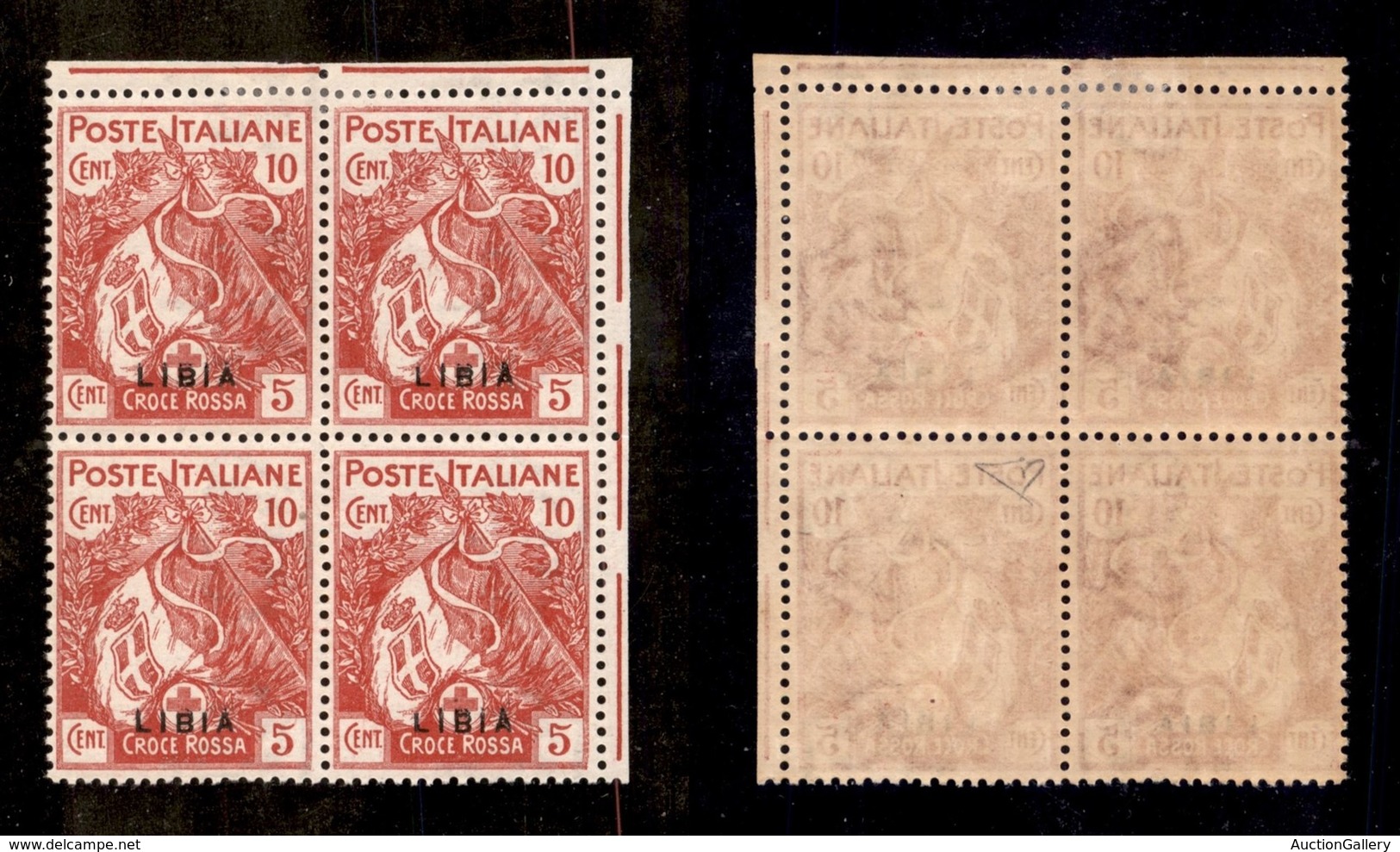 COLONIE - LIBIA - 1915 - 10 Cent Croce Rossa (13c) Quartina Con Soprastampa In Basso E Tracce Di Doppia Soprastampa (13d - Autres & Non Classés