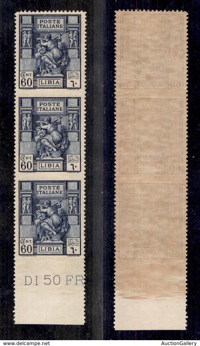 COLONIE - LIBIA - 1924 - 60 Cent (42 L) - Striscia Di Tre Bordo Foglio Non Dentellata Al Centro E In Basso - Gomma Integ - Sonstige & Ohne Zuordnung