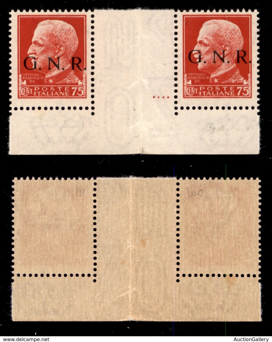 REPUBBLICA SOCIALE - 1943 - GNR Brescia - 75 Cent (478/I) - Coppia Angolare (pos. 100/191) Con Interspazio Al Centro - G - Sonstige & Ohne Zuordnung