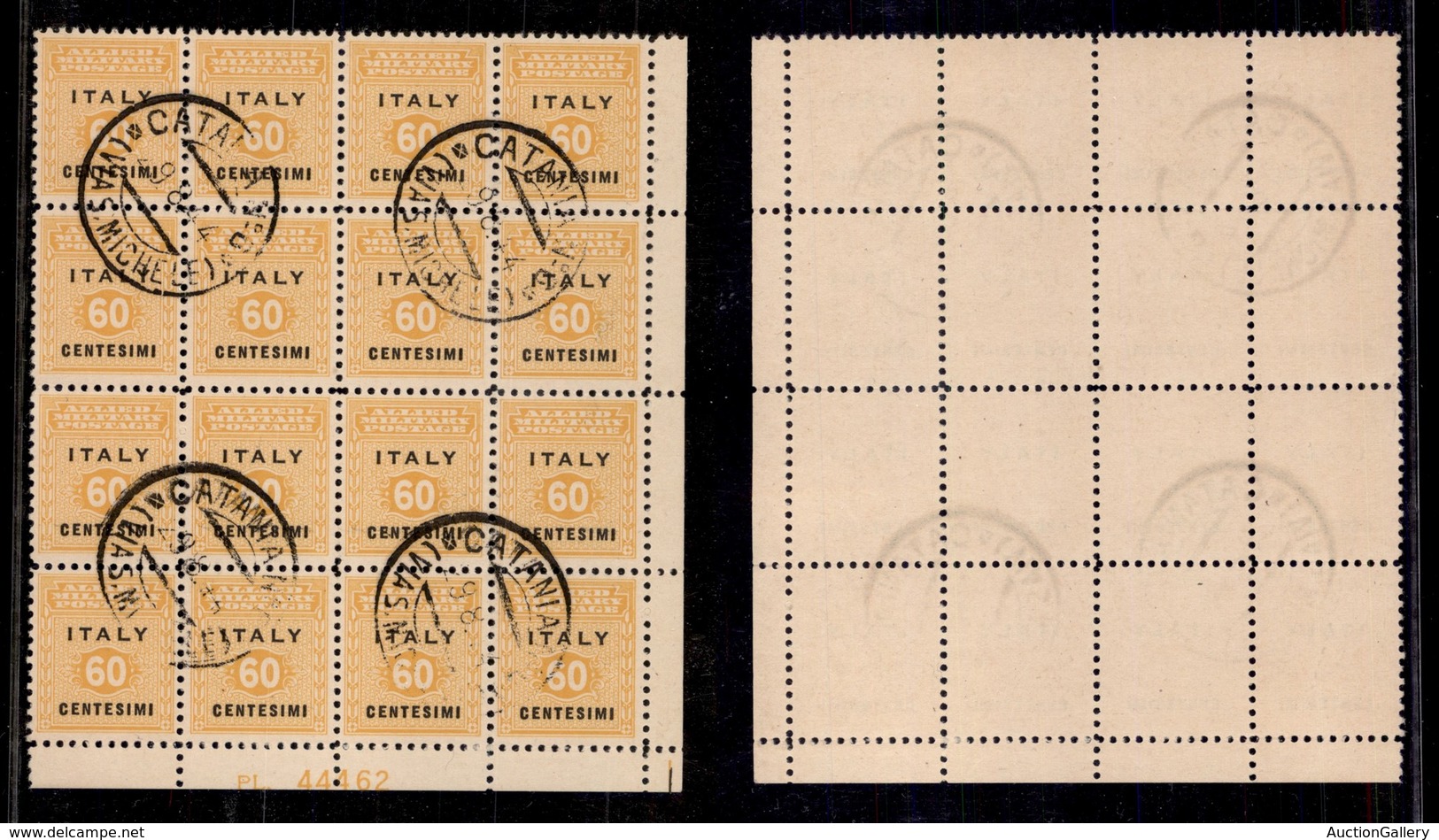 EMISSIONI LOCALI - AMP SICILIA  - 1943 - 60 Cent (5) - Blocco Angolare Di 16 Con Numero Di Tavola 44462 - Usato A Catani - Sonstige & Ohne Zuordnung