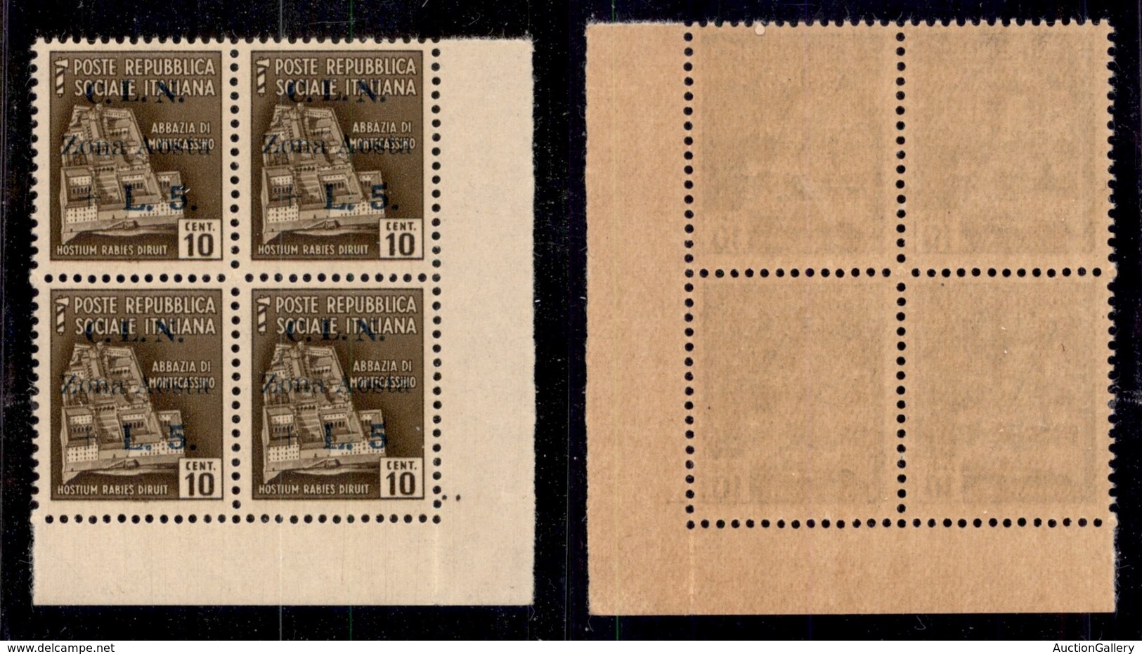 EMISSIONI C.L.N. - AOSTA - 1944 - 10 Cent + 5 Lire (5) - Quartina Angolare Con Soprastampa Speculare A Secco Sul Bordo V - Autres & Non Classés
