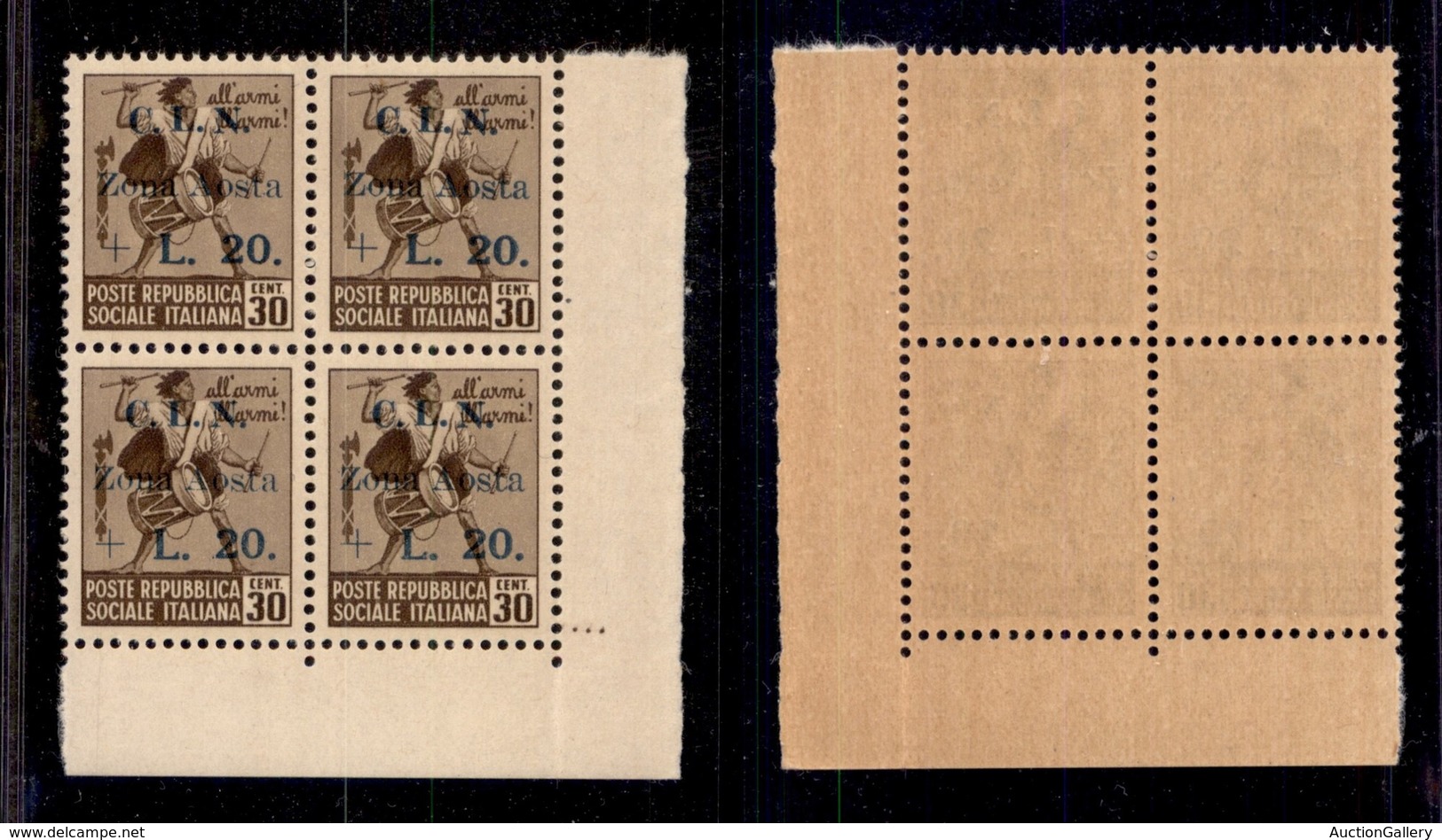 EMISSIONI C.L.N. - AOSTA - 1944 - 30 Cent + 20 Lire (7) - Quartina Angolare Con Soprastampa Speculare A Secco Sul Bordo  - Autres & Non Classés