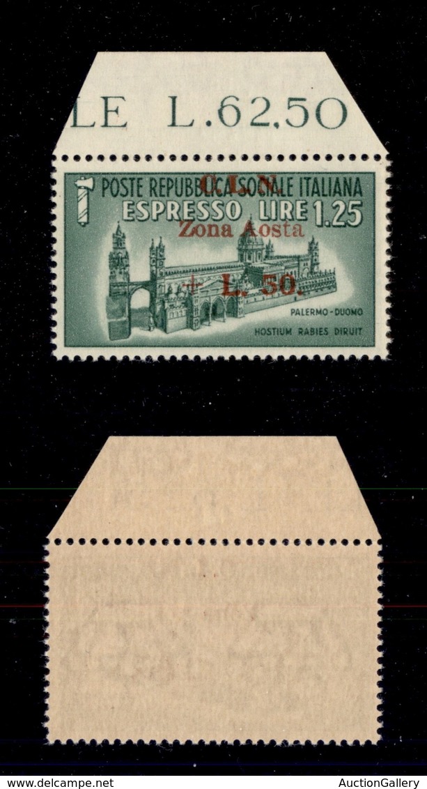 EMISSIONI C.L.N. - AOSTA - 1944 - 1,25 Lire + 50 Lire (8 - Espressi) Bordo Foglio Con Soprastampa Speculare A Secco Sul  - Autres & Non Classés