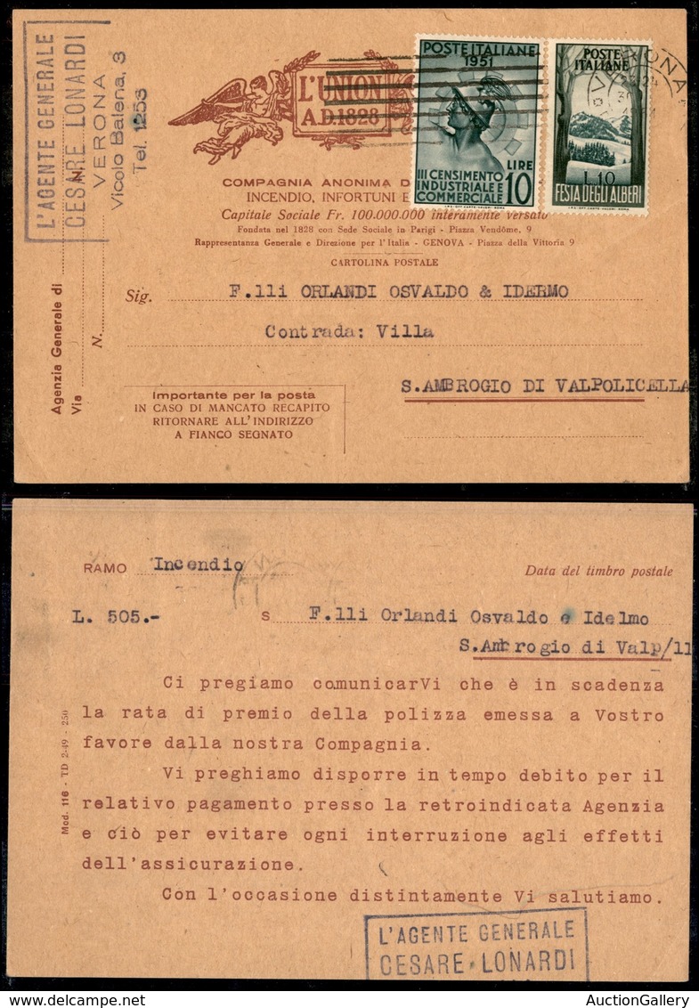 REPUBBLICA - Gemelli - Due 10 Lire (675/680) - Cartolina Della Union Assicurazioni Da Verona A S. Ambrogio Di Valpollice - Sonstige & Ohne Zuordnung