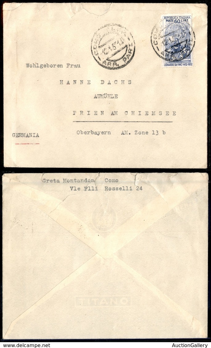 REPUBBLICA - 60 Lire Leonardo Da Vinci (687) Isolato Su Busta Da Como A Prien Am Chiemsee Del 12.1.53 - Sonstige & Ohne Zuordnung