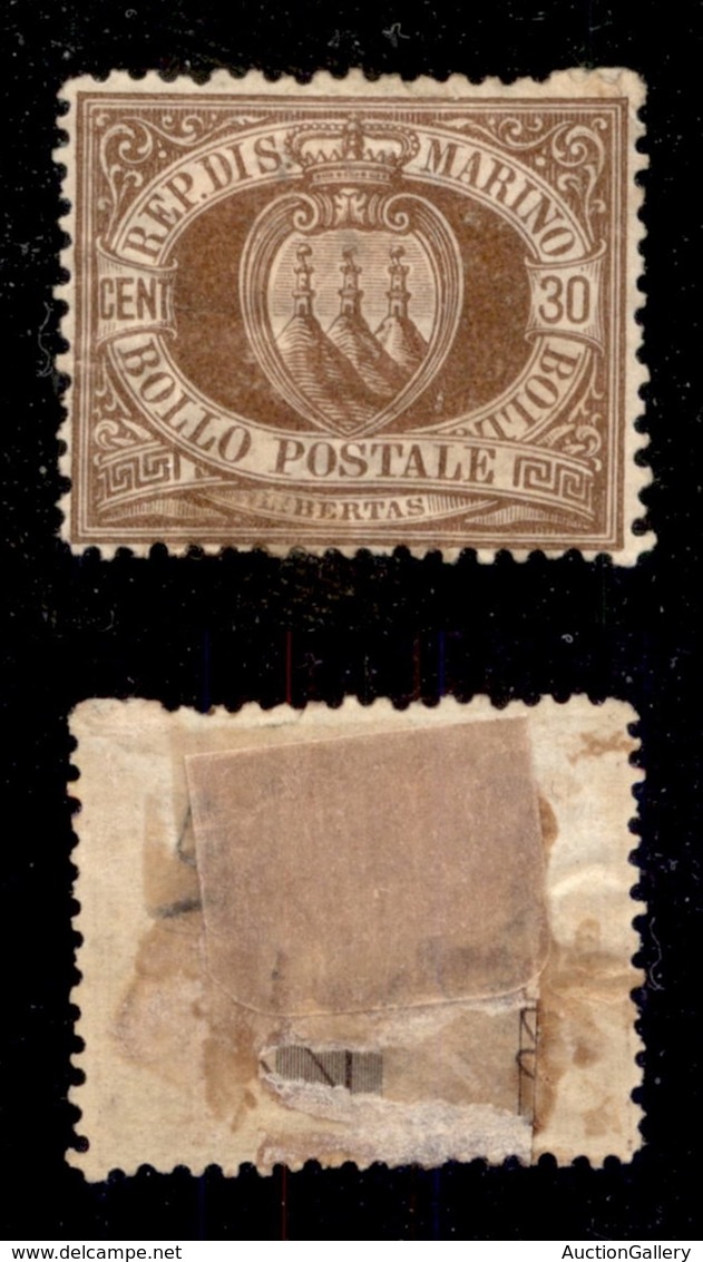 SAN MARINO - 1877 - 30 Cent (6) - Al Retro Traccia Di Forte Supporto Cartaceo - Ben Centrato (1.200) - Sonstige & Ohne Zuordnung