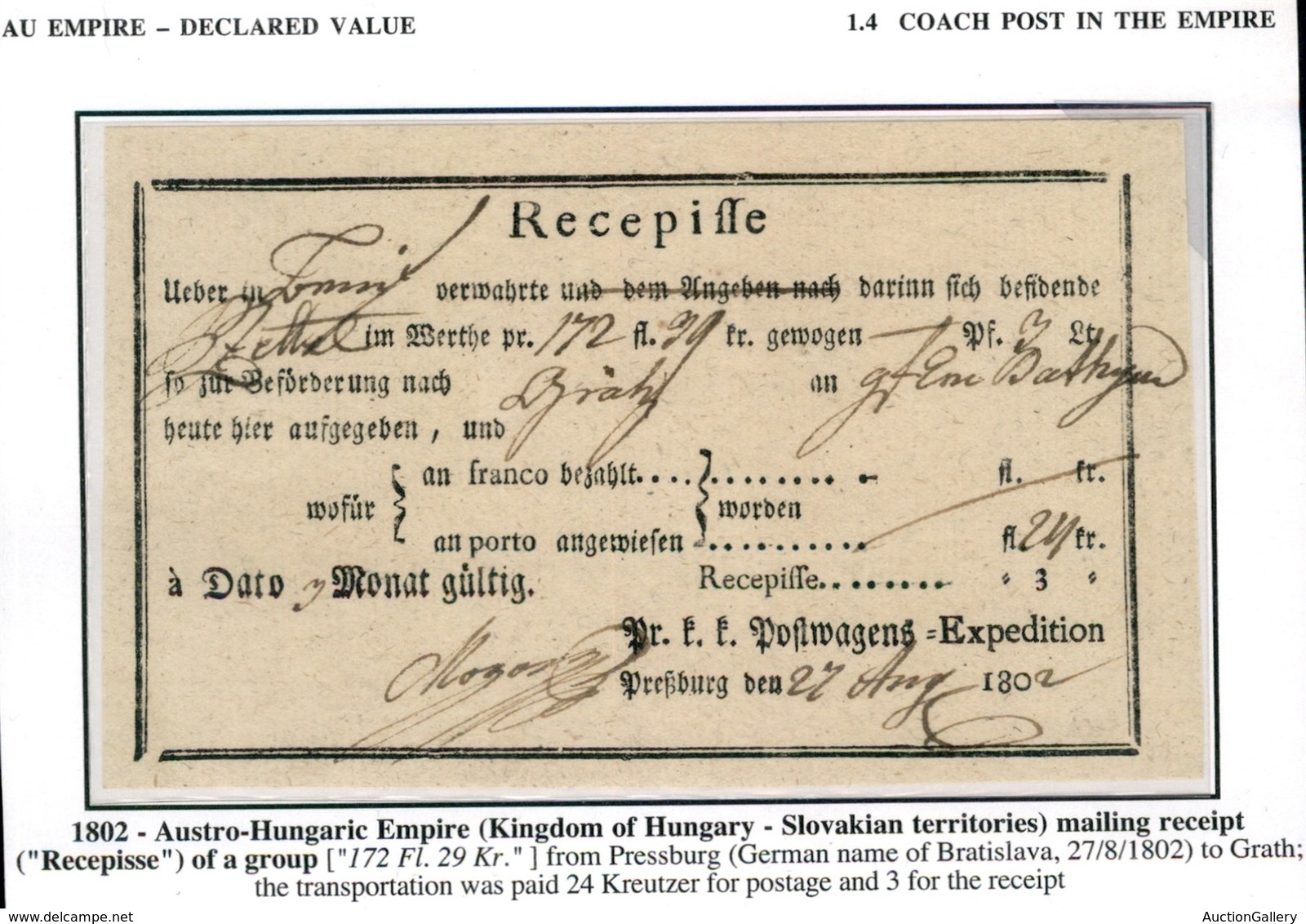 EUROPA - AUSTRIA - 1802 - Ricevuta Di Ritorno - Pressburg 27.8.02 - Autres & Non Classés