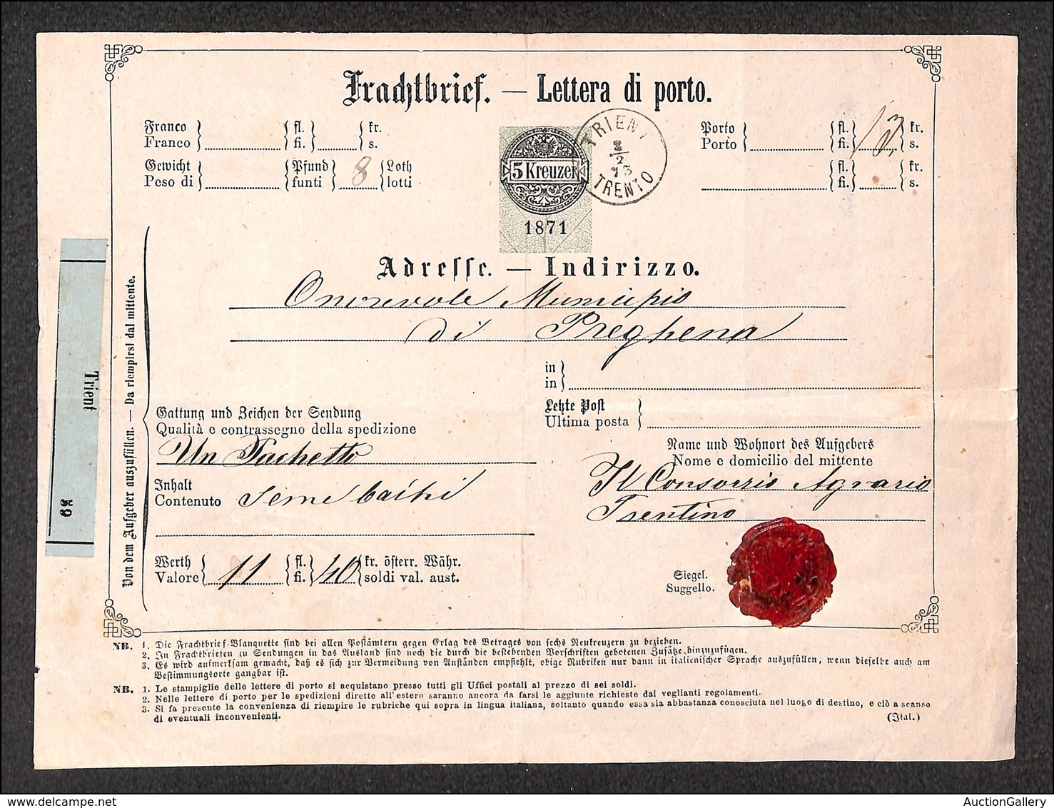 EUROPA - AUSTRIA - Territori Italiani - Lettera Di Porto Da Trento A Preghena Dl 2.2.73 - Sonstige & Ohne Zuordnung