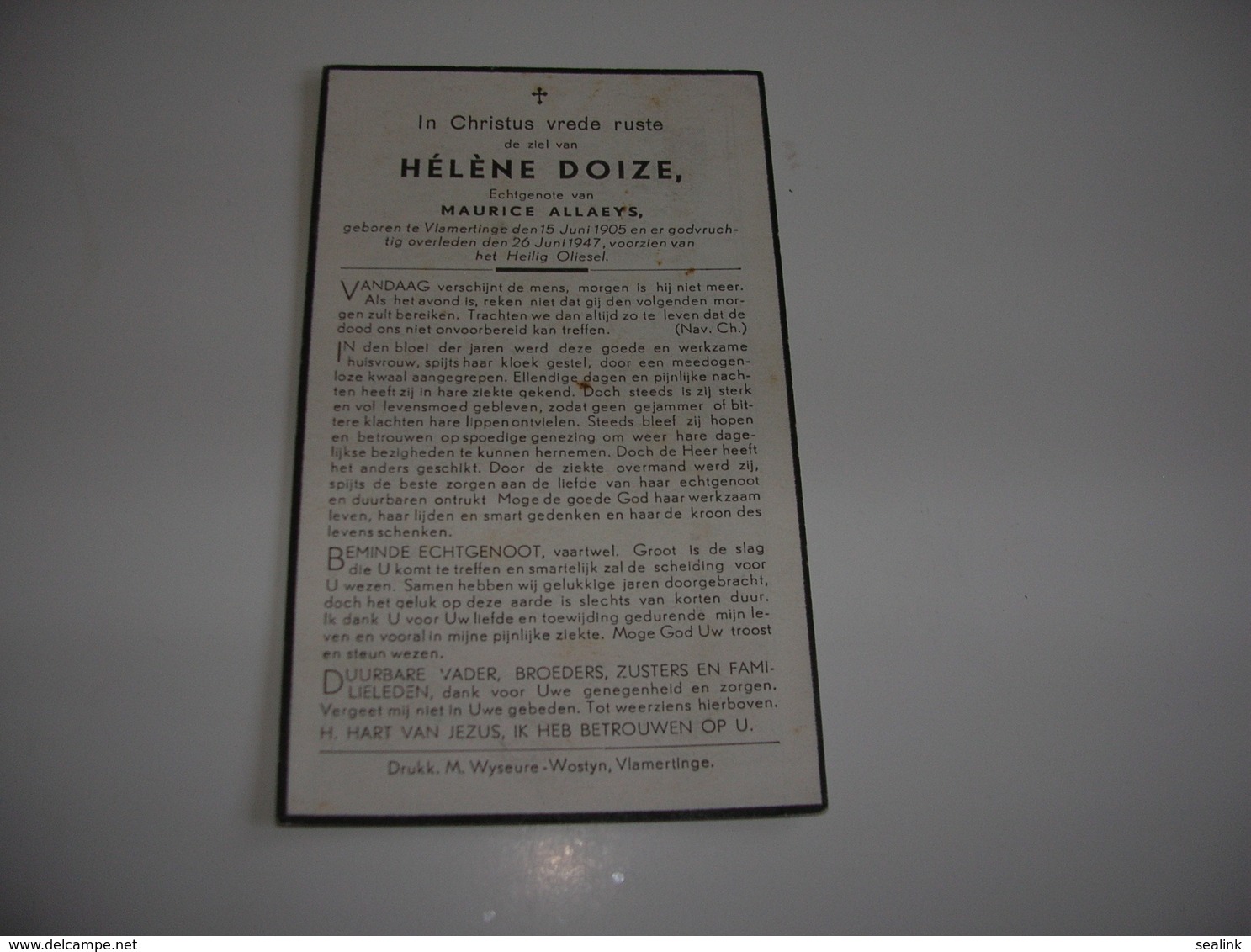 Hélène Doize (Vlamertinge 1905-Vlamertinge 1947);Allaeys - Devotieprenten