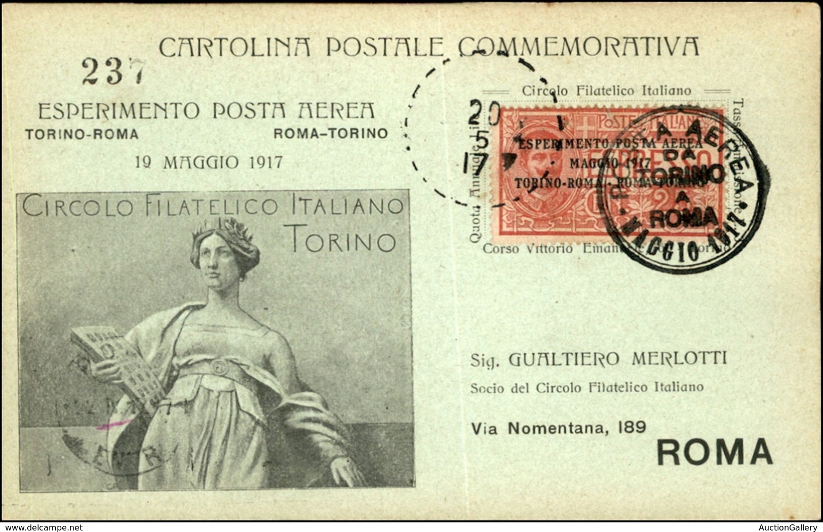 POSTA AEREA - PRIMI VOLI-AEROGRAMMI - 1917 (20 Maggio) - Torino Roma - Longhi 798 - Aerogramma Numerato - Autres & Non Classés