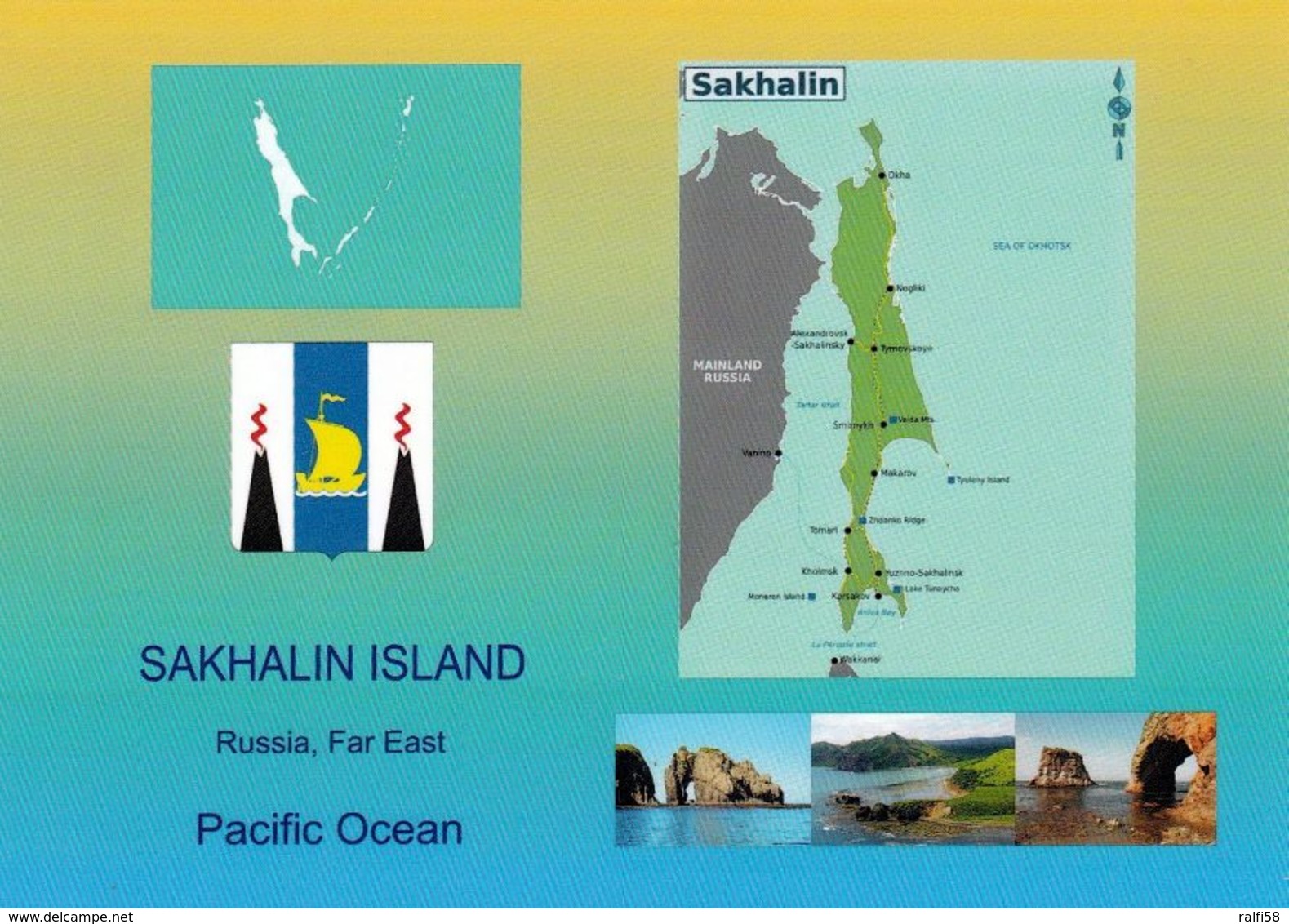 1 AK Russia Sakhalin Island * Flagge, Wappen, Landkarte Und 3 Ansichten Der Insel Sachalin - Die Größte Insel Russlands - Russie