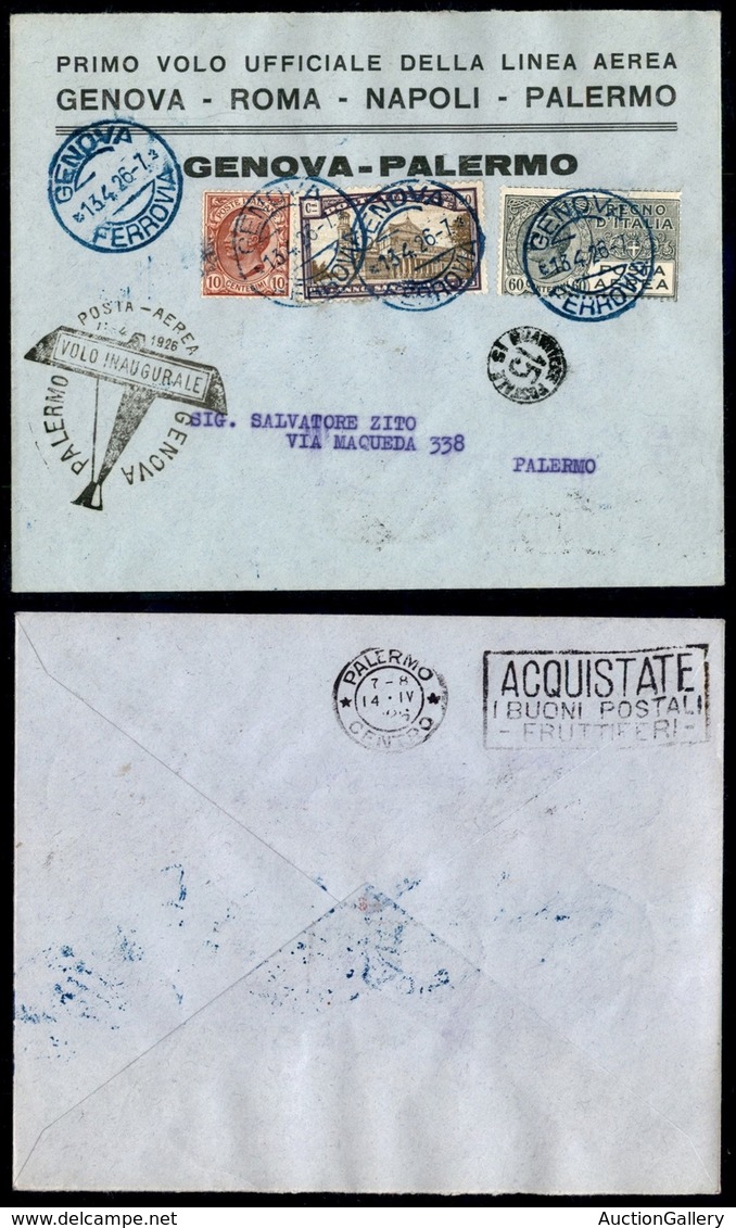 POSTA AEREA - PRIMI VOLI-AEROGRAMMI - 1926 (13 Aprile) - Genova Palermo - Longhi 1548 - Autres & Non Classés
