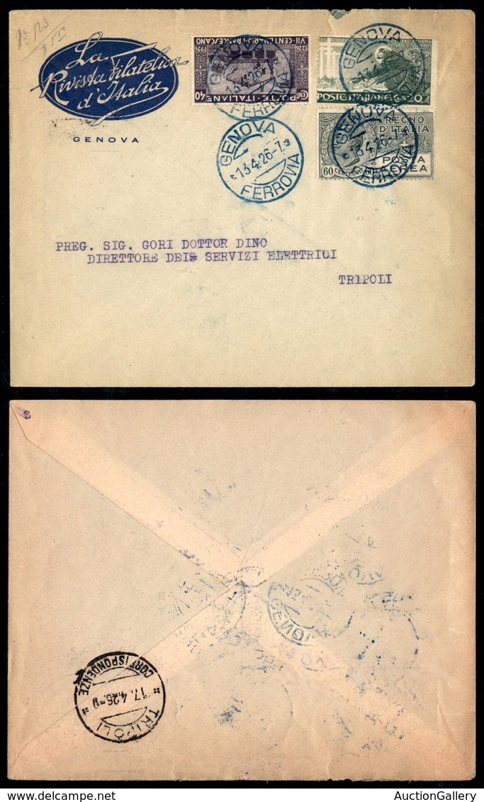 POSTA AEREA - PRIMI VOLI-AEROGRAMMI - 1926 (13 Aprile) - Genova (Palermo) Tripoli - Longhi 1549 - Autres & Non Classés