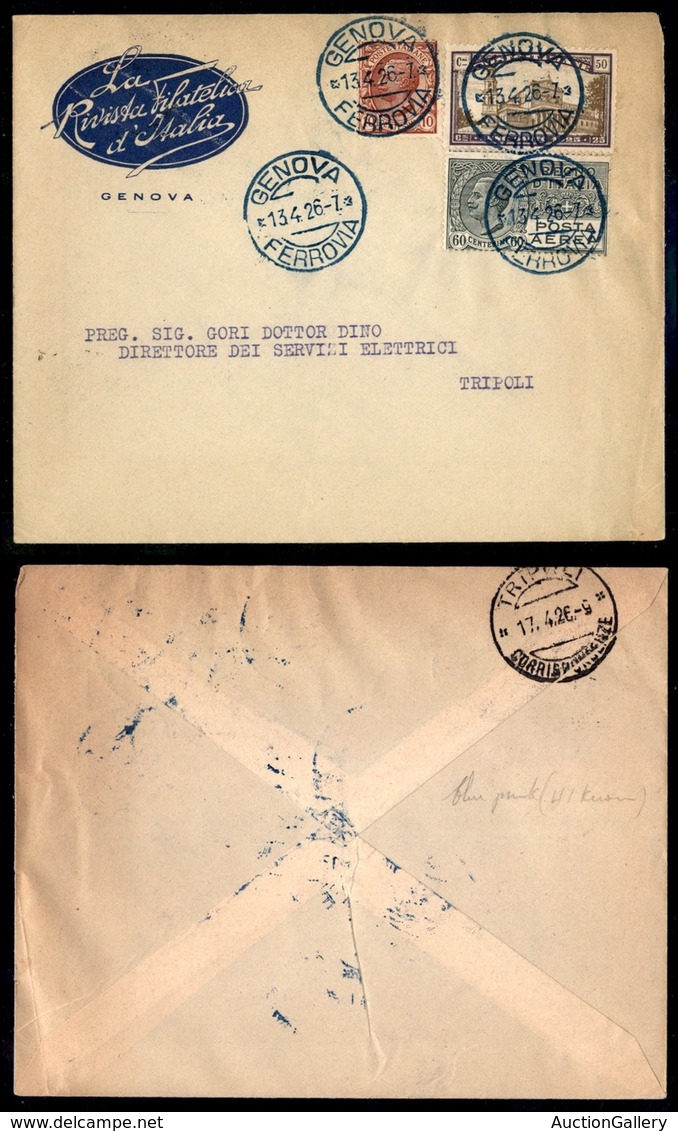 POSTA AEREA - PRIMI VOLI-AEROGRAMMI - 1926 (13 Aprile) - Genova (Palermo) Tripoli - Longhi 1549 - Autres & Non Classés