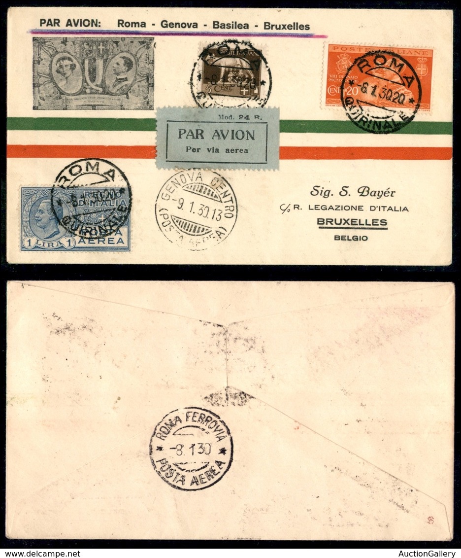 POSTA AEREA - PRIMI VOLI-AEROGRAMMI - 1930 (8 Gennaio) - Roma Genova (Bruxelles) - Roma 8.1.30 + Genova 9.1.30 - FDC Noz - Other & Unclassified