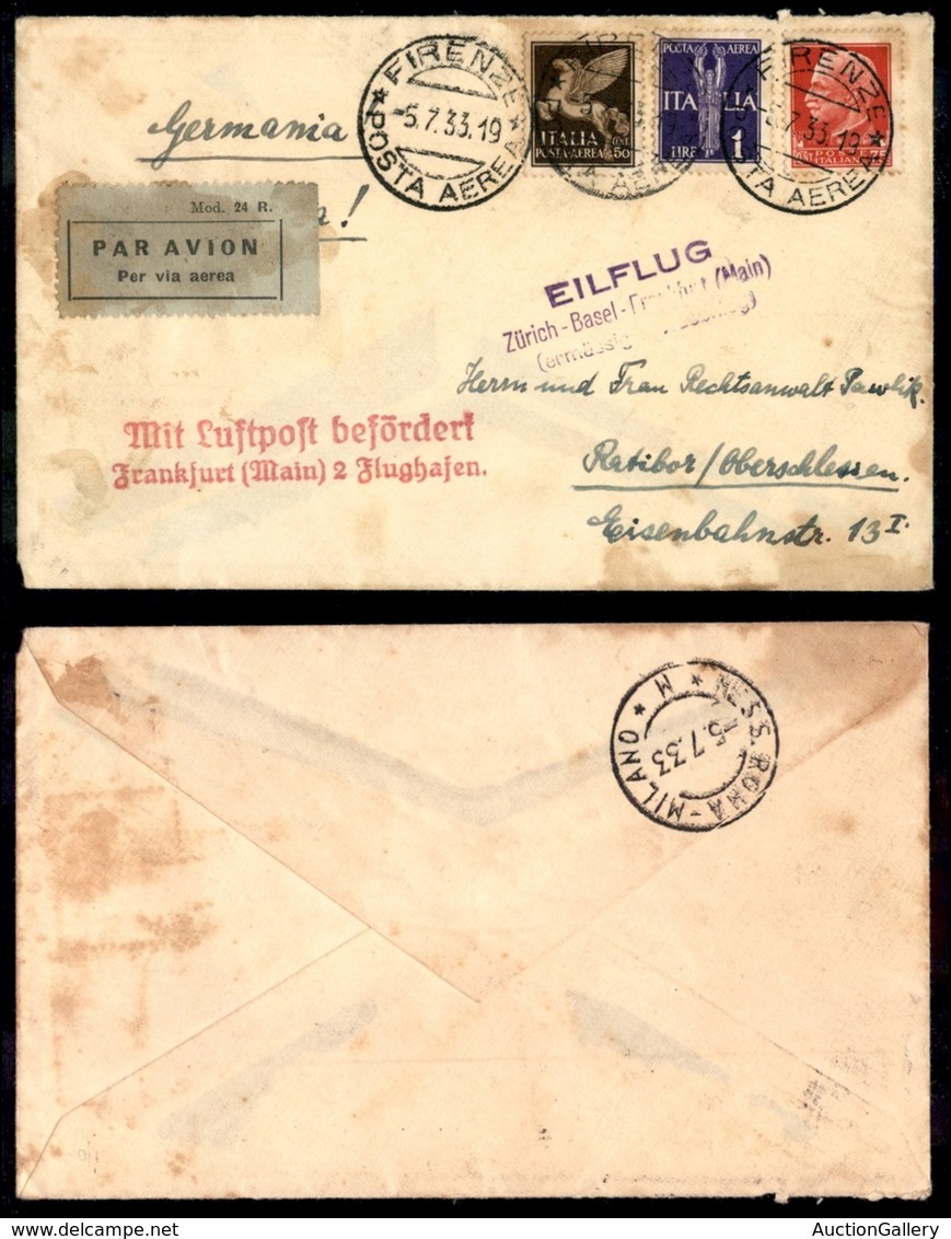 POSTA AEREA - PRIMI VOLI-AEROGRAMMI - 1933 (5 Luglio) - (Firenze) Zurigo Basilea Francoforte (2 Volo) - Aerogramma Per R - Sonstige & Ohne Zuordnung
