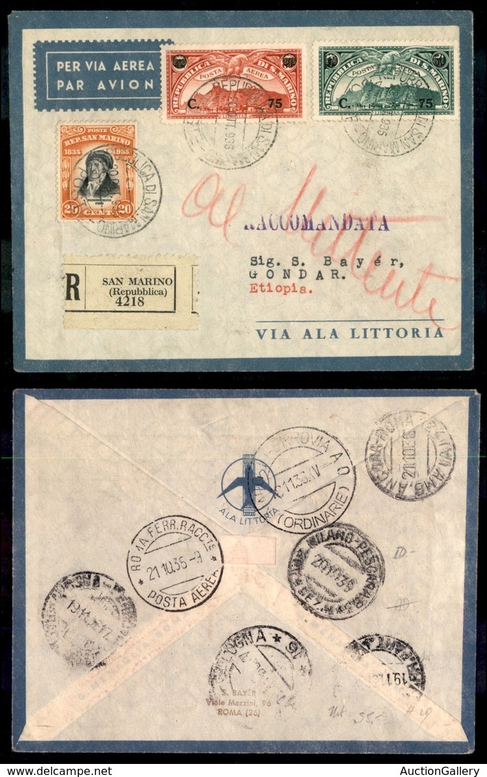 POSTA AEREA - PRIMI VOLI-AEROGRAMMI - 1936 (22 Ottobre) - San Marino Gondar - Longhi 3611 - Sonstige & Ohne Zuordnung