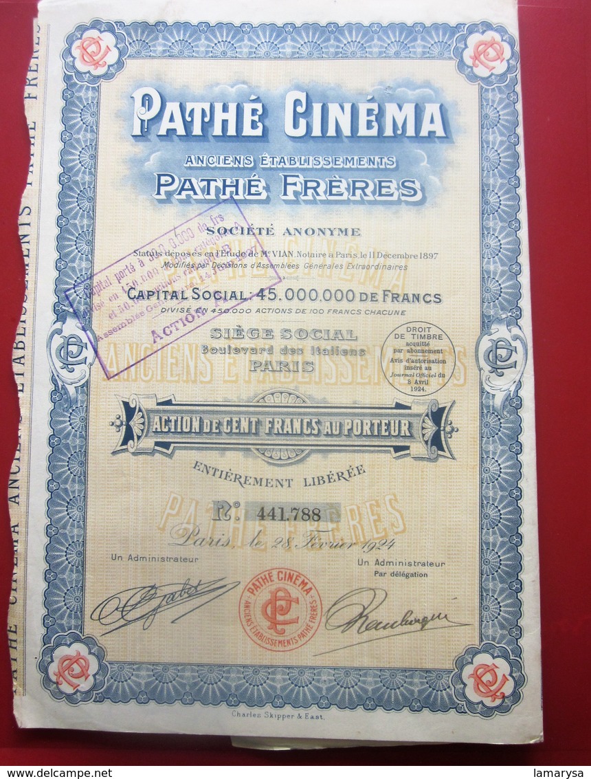 1924- PATHé CINÉMA Pathé FRÈRES Action 100fr Titre Thème Cinéma Théâtre-Action & Title Cinema-Theater-SCRIPOPHILIE - Cine & Teatro