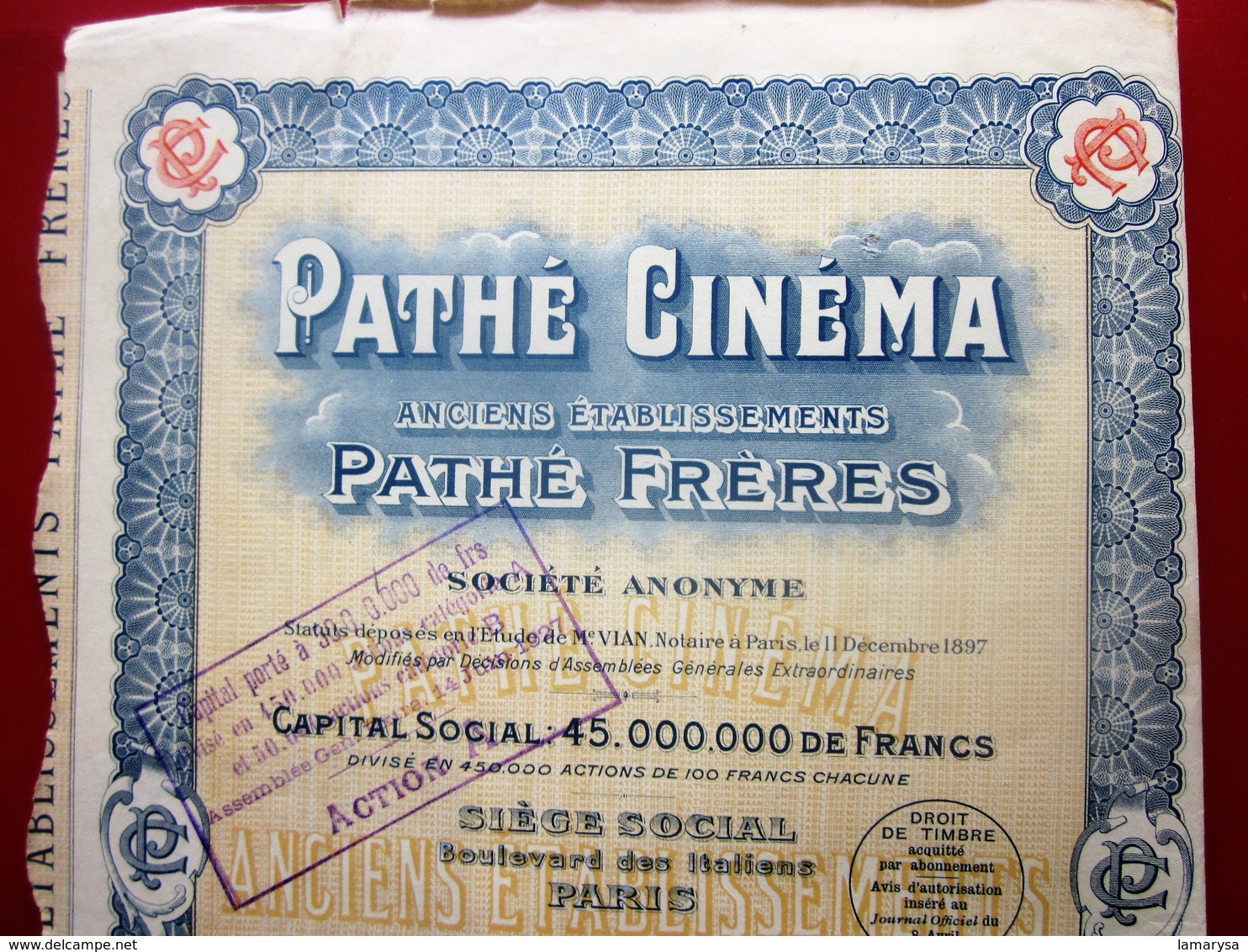 1924- PATHé CINÉMA Pathé FRÈRES Action 100fr Titre Thème Cinéma Théâtre-Action & Title Cinema-Theater-SCRIPOPHILIE - Cinéma & Théatre