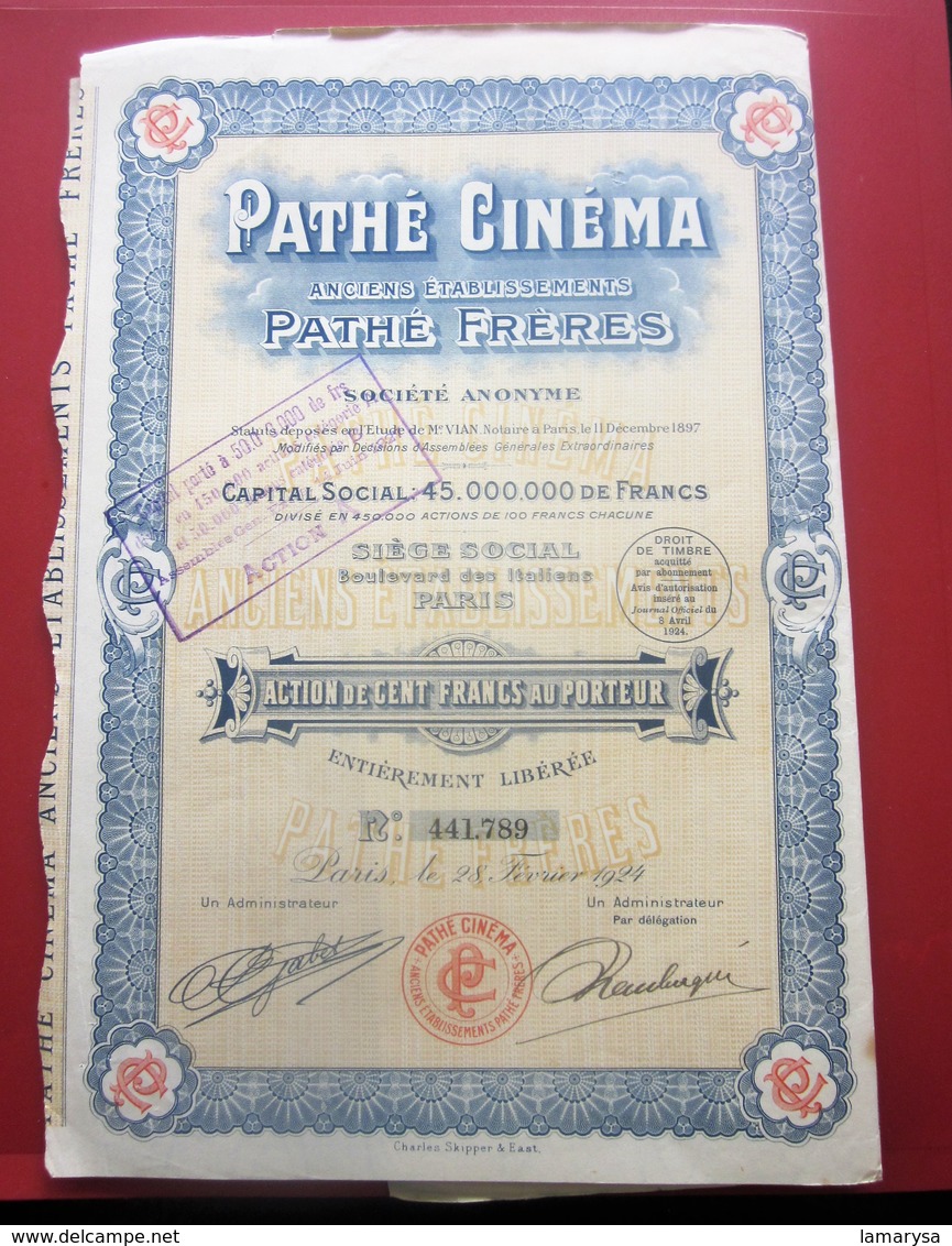 1924-  PATHé CINÉMA Pathé FRÈRES Action 100fr Titre Thème Cinéma Théâtre-Action & Title Cinema-Theater-SCRIPOPHILIE - Cinéma & Theatre