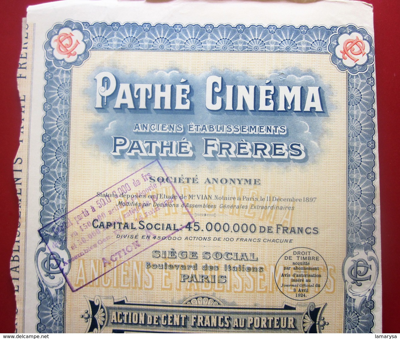 1924-  PATHé CINÉMA Pathé FRÈRES Action 100fr Titre Thème Cinéma Théâtre-Action & Title Cinema-Theater-SCRIPOPHILIE - Cinema & Teatro