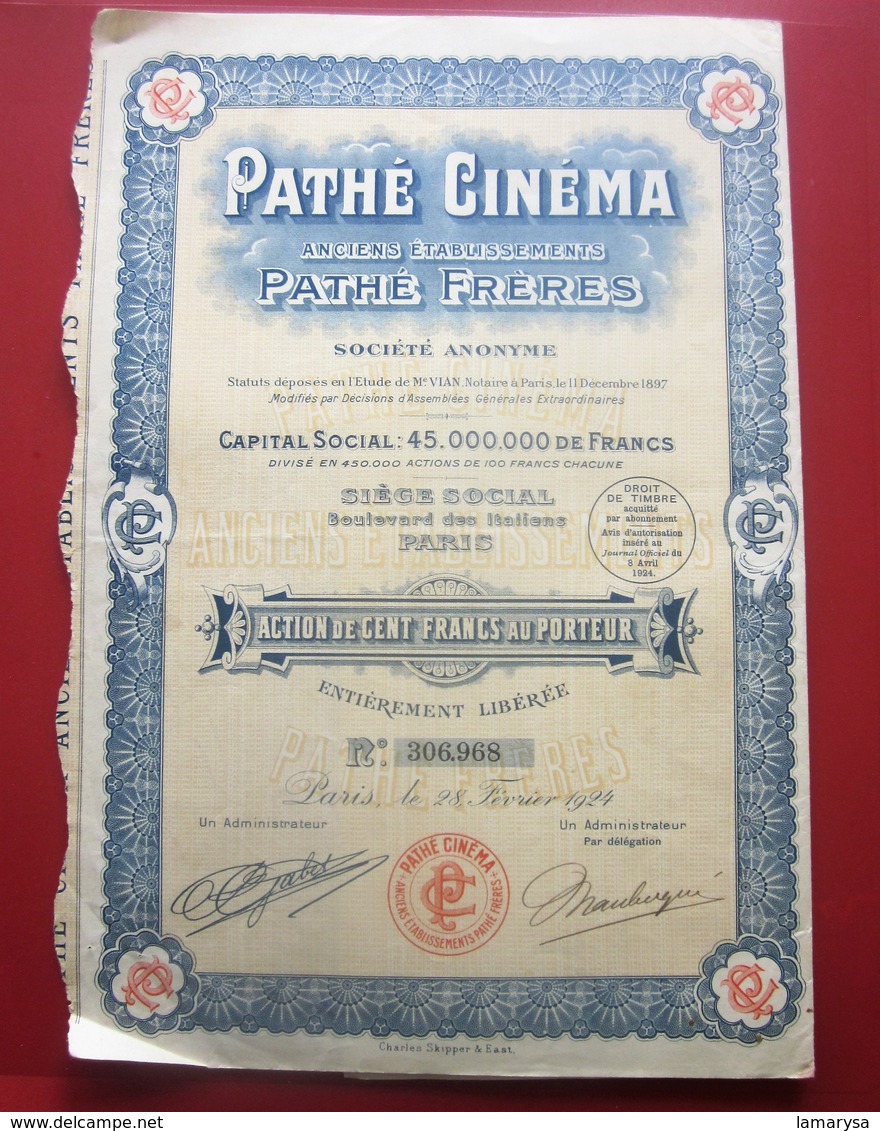 1924-  PATHé CINÉMA Pathé FRÈRES Action 100fr Titre Thème Cinéma Théâtre-Action & Title Cinema-Theater-SCRIPOPHILIE - Cinéma & Théatre