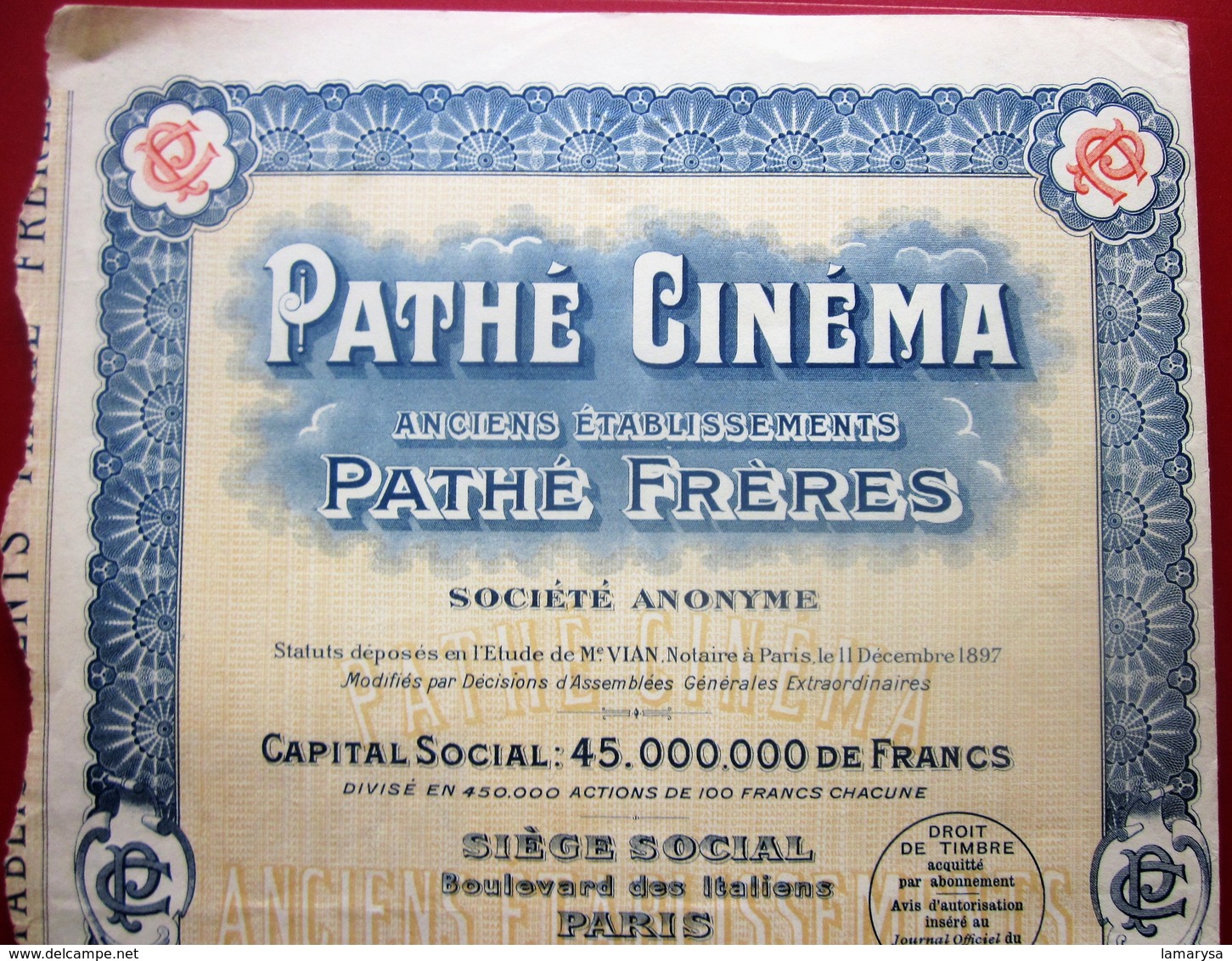 1924-  PATHé CINÉMA Pathé FRÈRES Action 100fr Titre Thème Cinéma Théâtre-Action & Title Cinema-Theater-SCRIPOPHILIE - Cinéma & Theatre