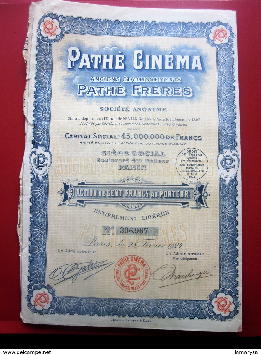 1924- PATHé CINÉMA Pathé FRÈRES Action 100fr Titre Thème Cinéma Théâtre-Action & Title Cinema-Theater-SCRIPOPHILIE - Cinéma & Théatre