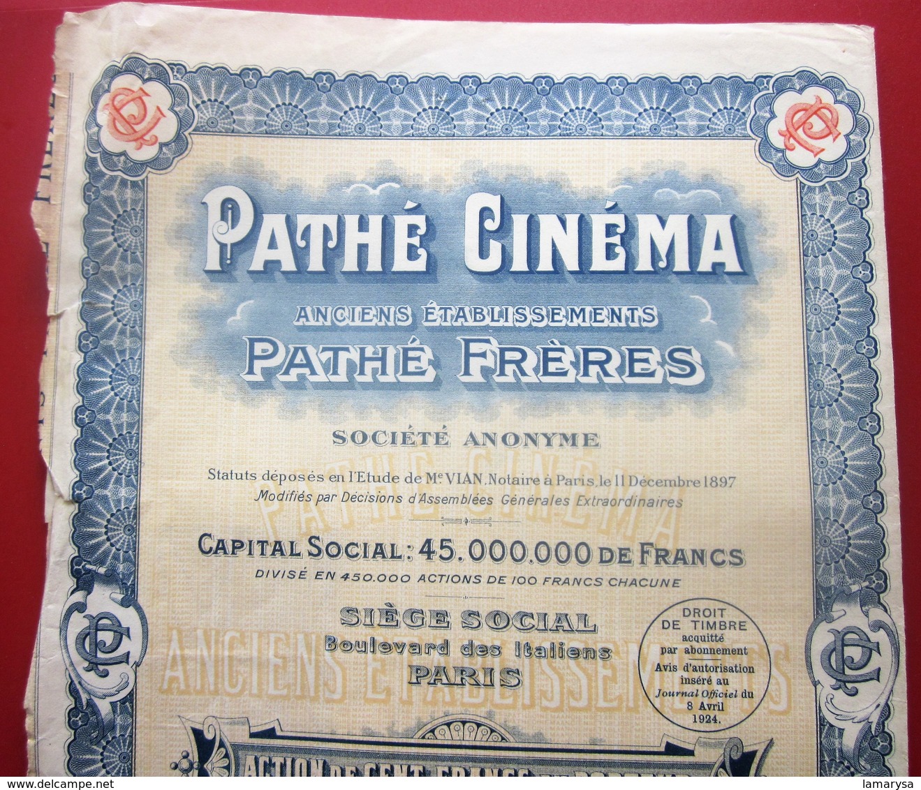 1924- PATHé CINÉMA Pathé FRÈRES Action 100fr Titre Thème Cinéma Théâtre-Action & Title Cinema-Theater-SCRIPOPHILIE - Cine & Teatro