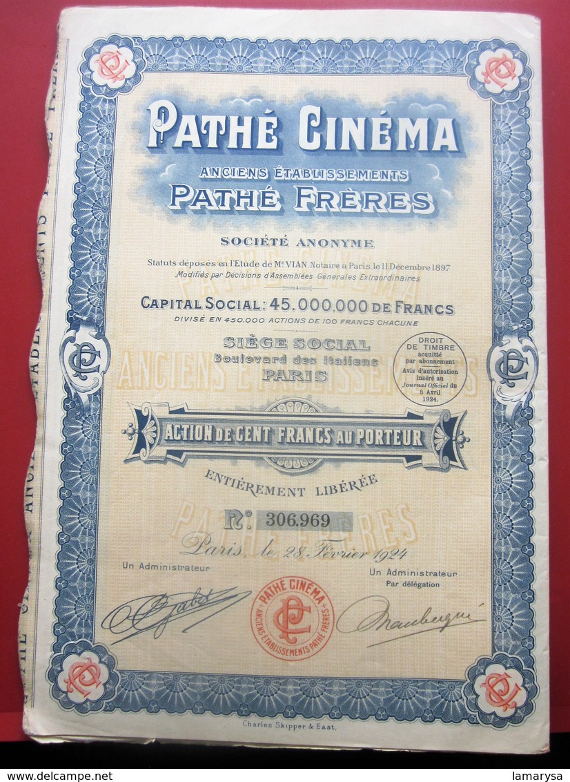 1924- PATHé CINÉMA Pathé FRÈRES Action 100fr Titre Thème Cinéma Théâtre-Action & Title-Cinema-Theater-SCRIPOPHILIE - Cine & Teatro