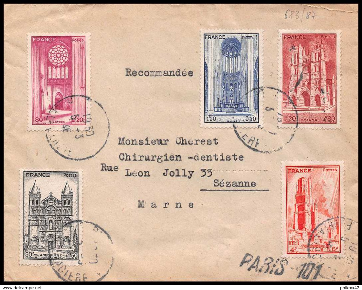 9548 N°663/667 Cathedrales Church Serie Complete Sezanne Marne 1946 France Lettre Cover - 1921-1960: Période Moderne