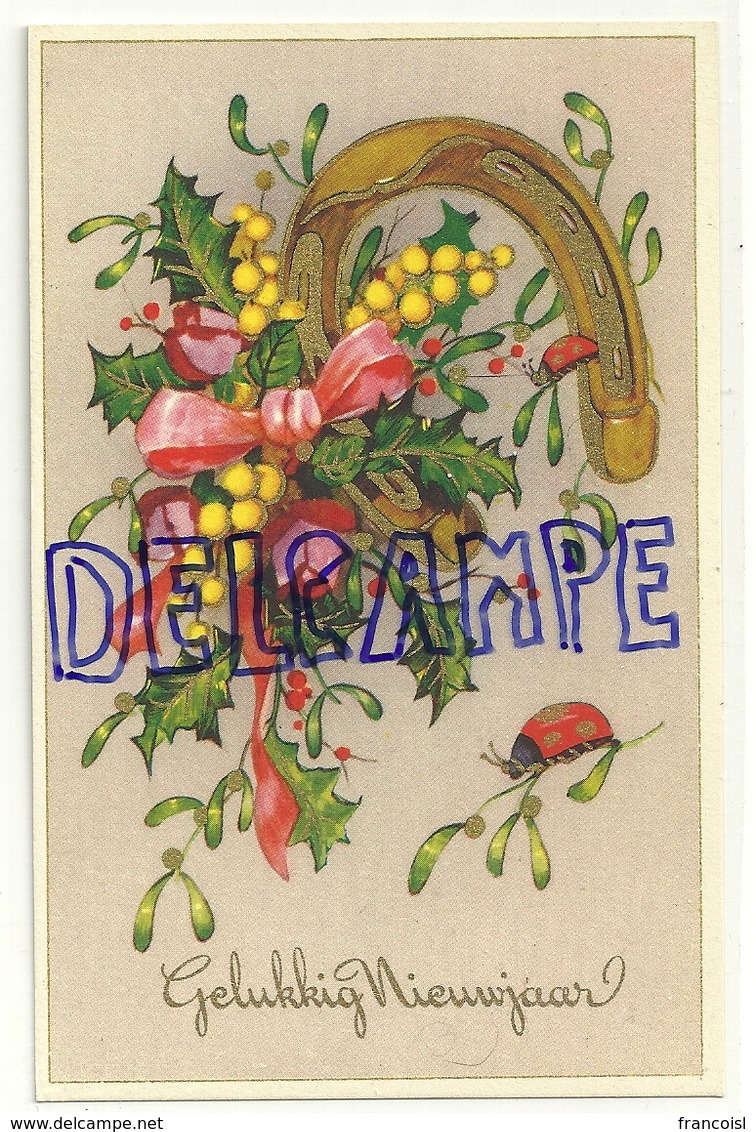 Bonne Année. Gelukkig Nieuwjaar. Fer à Cheval, Coccinelles, Mimosa, Houx, Gui Coloprint 53350/1. Dorée - Nouvel An