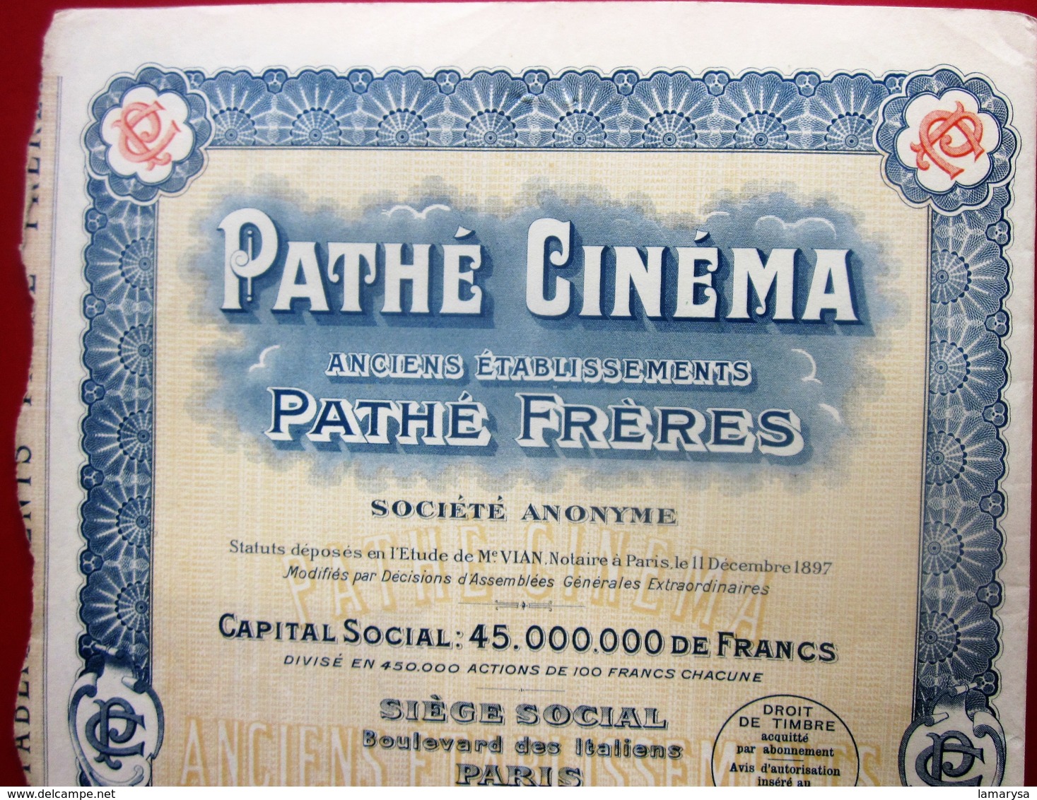 1924- PATHé CINÉMA Pathé FRÈRES Action 100fr Titre Thème Cinéma Théâtre-Action & Title-Cinema-Theater-SCRIPOPHILIE - Cinéma & Théatre