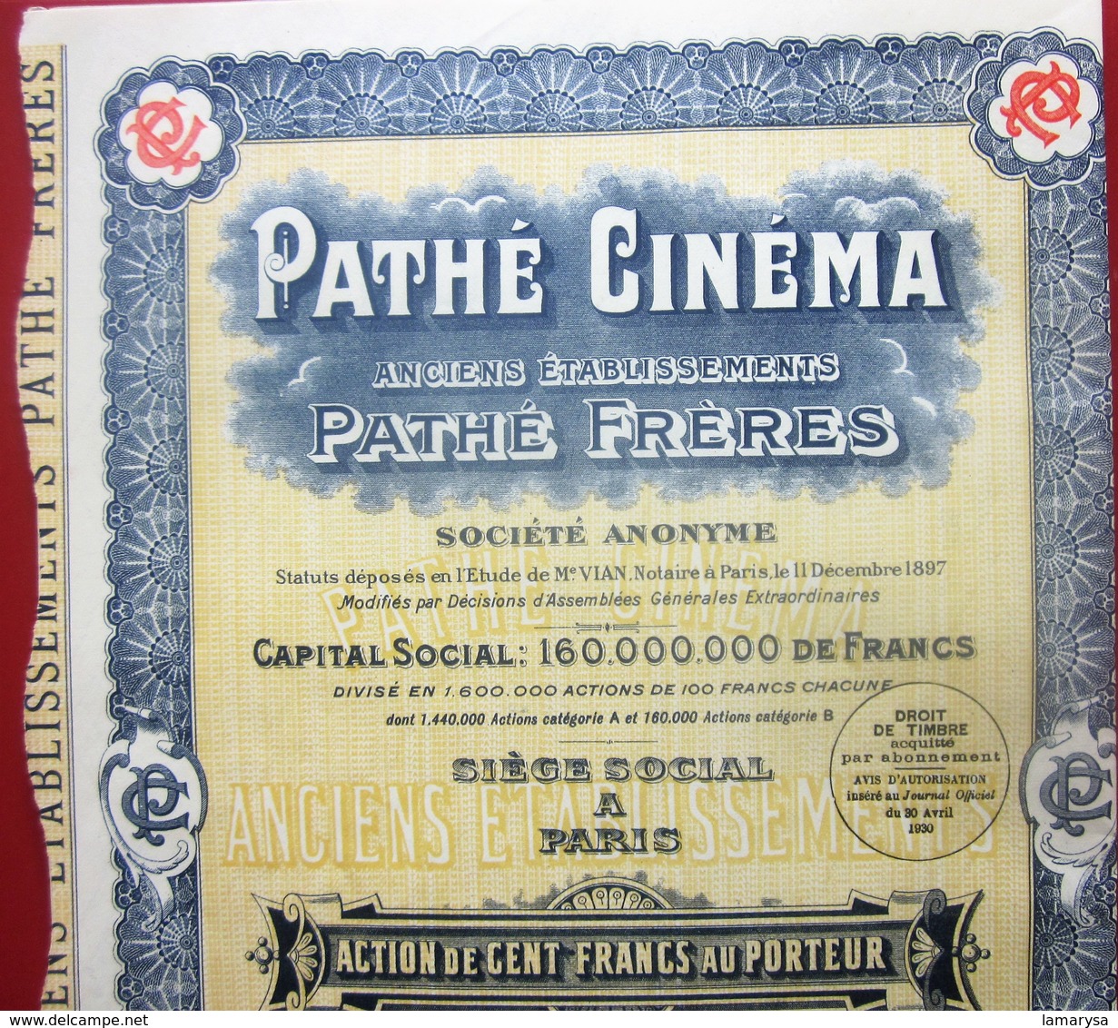 1930- PATHé CINÉMA Pathé FRÈRES Action 100fr Titre Thème Cinéma Théâtre-Action & Title Cinema/Theater SCRIPOPHILIE - Cinéma & Theatre
