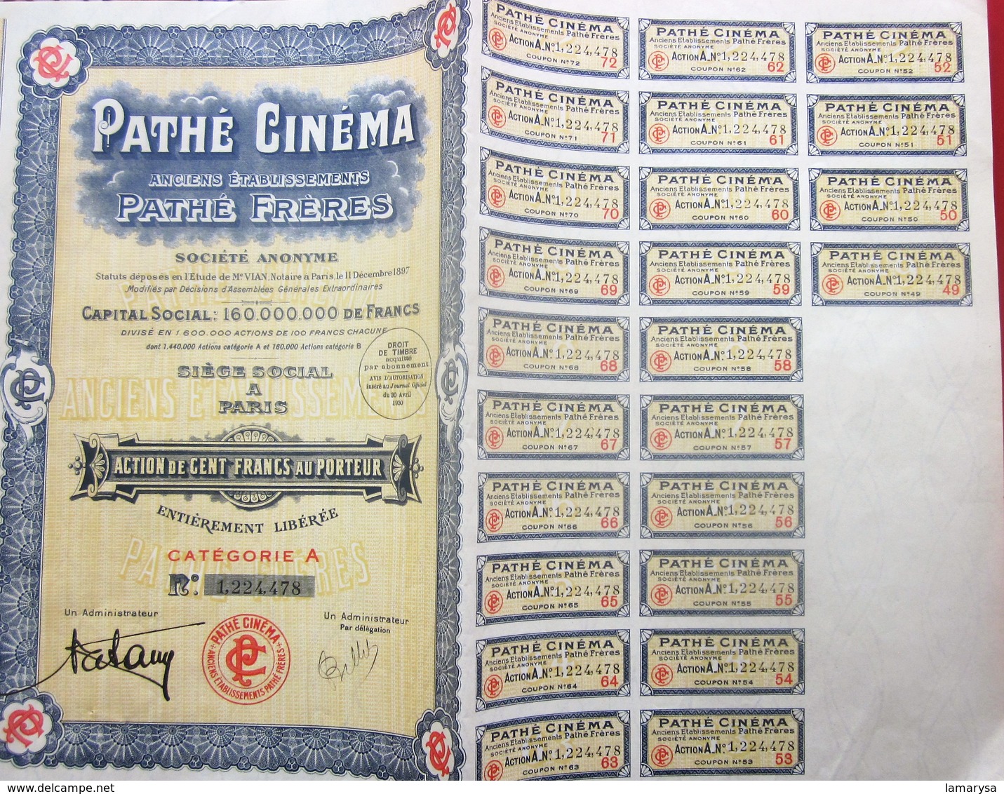 1930- PATHé CINÉMA Pathé FRÈRES Action 100fr Titre Thème Cinéma Théâtre-Action & Title Cinema/Theater SCRIPOPHILIE - Cine & Teatro
