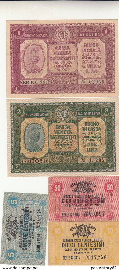 Occupazione Austriaca Di Venezia. 1+2 Lire+5+10+50 Centesimi Cassa Veneta Dei Prestiti 1918 - Austrian Occupation Of Venezia