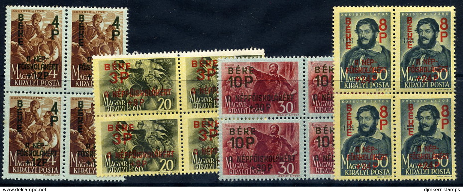 HUNGARY 1945 High School Fund Surcharges In Blocks Of 4 MNH / **.  Michel 774-77 - Unused Stamps