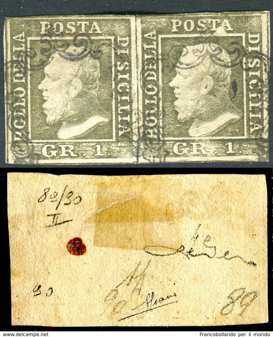 1859 OLD STATE ITALY SICILY 1 GR. COPPIA Oliva Grigiastro RITOCCO 89 CERTIFIED  SASS. 4e  PERFECT STAMPS - Sicilië