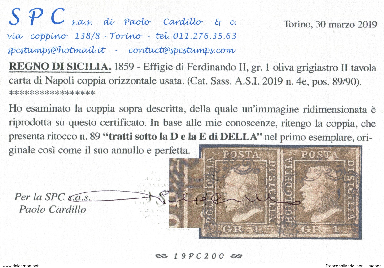 1859 OLD STATE ITALY SICILY 1 GR. COPPIA Oliva Grigiastro RITOCCO 89 CERTIFIED  SASS. 4e  PERFECT STAMPS - Sicilië