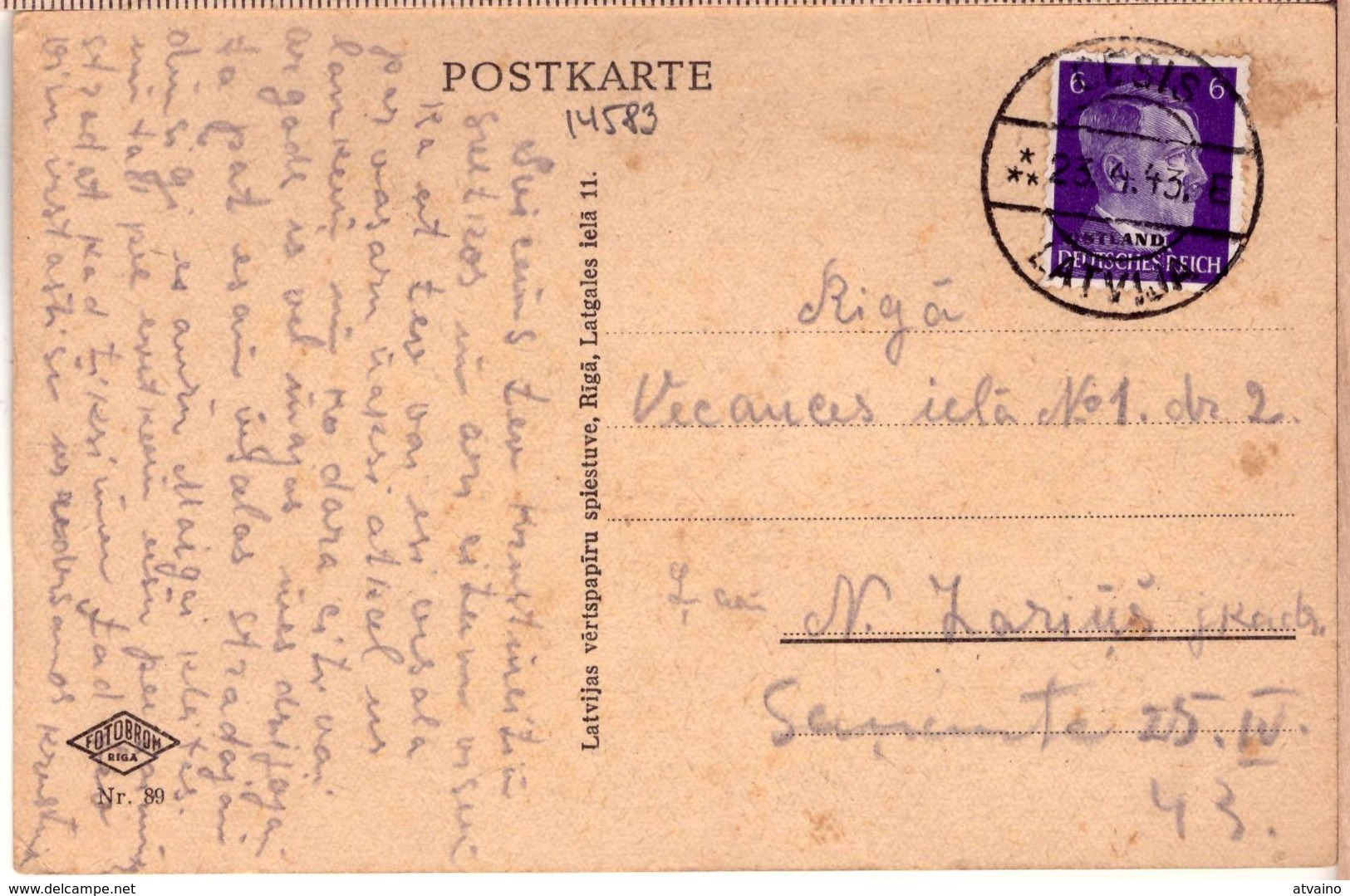 Latvia Lettland PC German Time Cancel CESIS "E" 23.4.1943. - Lettonie