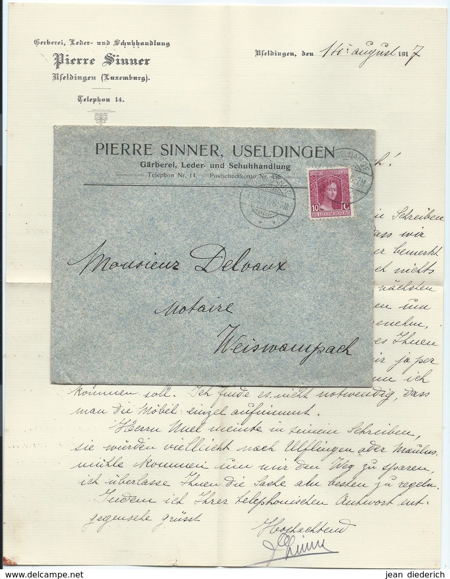 Brief - Useldingen, Gerberei, Leder- U. Schuhhandlung Pierre Sinner - Stempel 15-08-1917 - Private