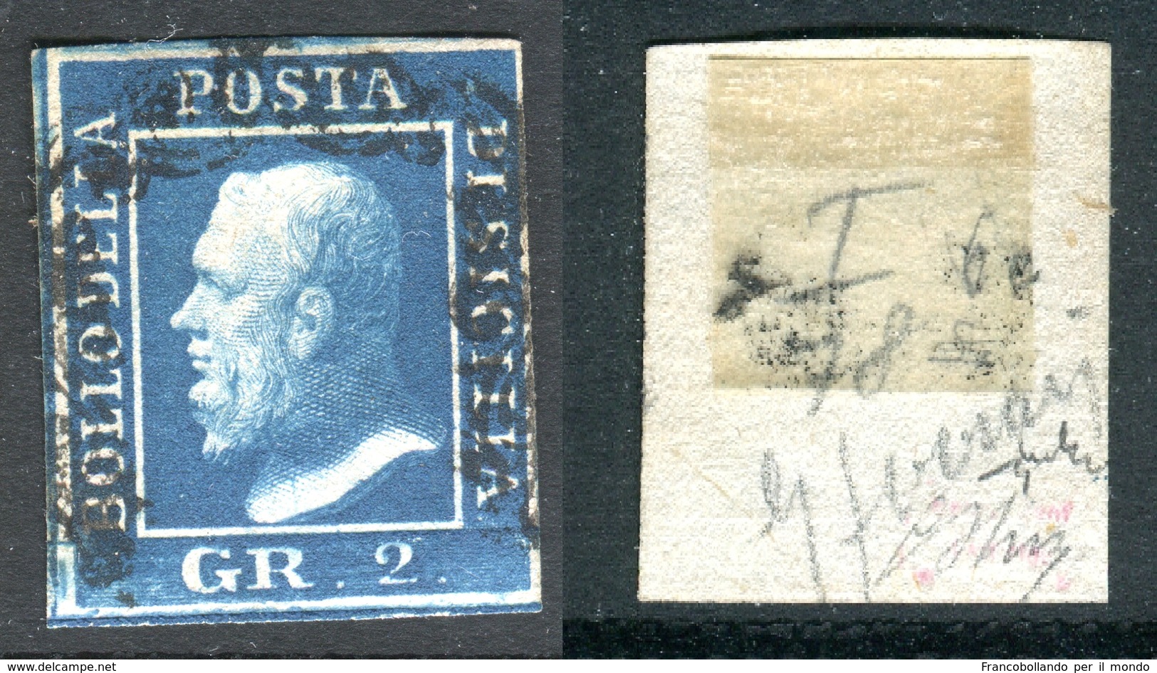 1859 OLD STATE ITALY SICILY 2 GR.  COBALTO SCURO CERTIFIED  SASS. 6c CAT €900,00 PERFECT STAMPS - Sizilien