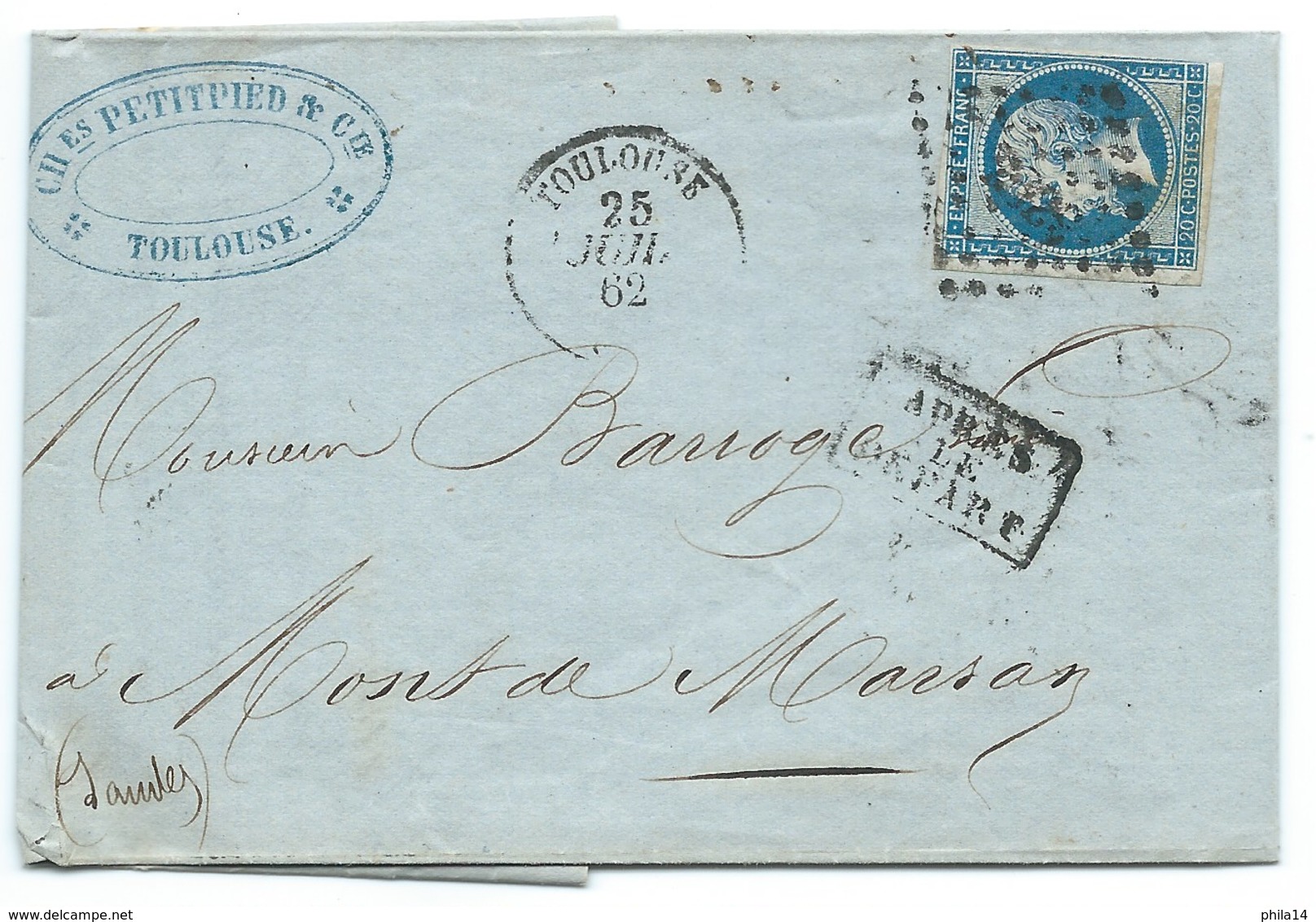 ENVELOPPE / N° 14 NAPOLEON TOULOUSE POUR MONT DE MARSAN / 25 JUIL 1862 / APRES LE DEPART - 1849-1876: Période Classique