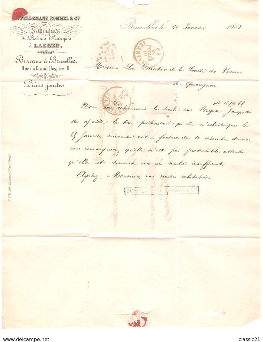 2966/ TP 18 S/LAC Entête Fabriques Produits Chimiques Laeken 1868 Cappellemans, Rommel C.LOS PTs 60 + BXL V.Quaregnon - Postmarks - Points