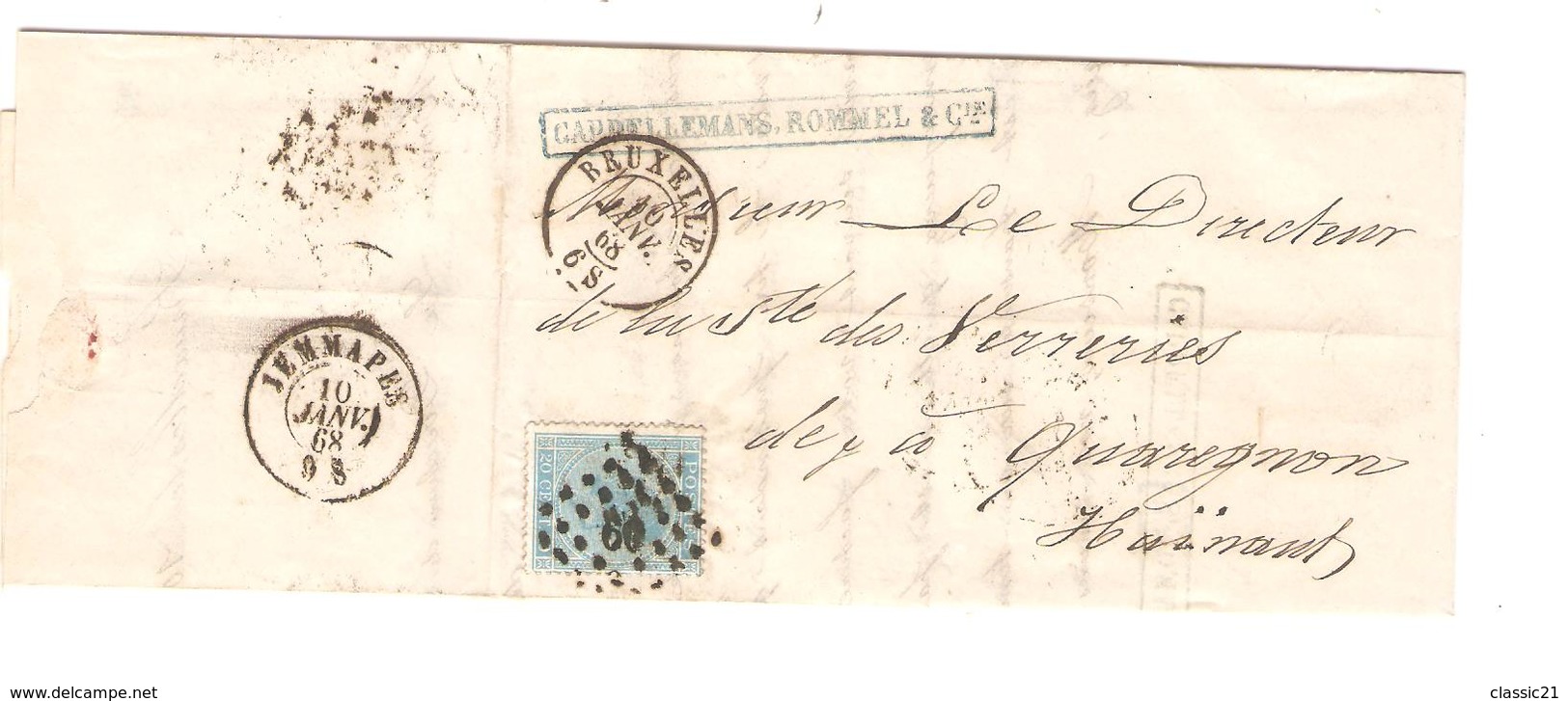 2966/ TP 18 S/LAC Entête Fabriques Produits Chimiques Laeken 1868 Cappellemans, Rommel C.LOS PTs 60 + BXL V.Quaregnon - Postmarks - Points