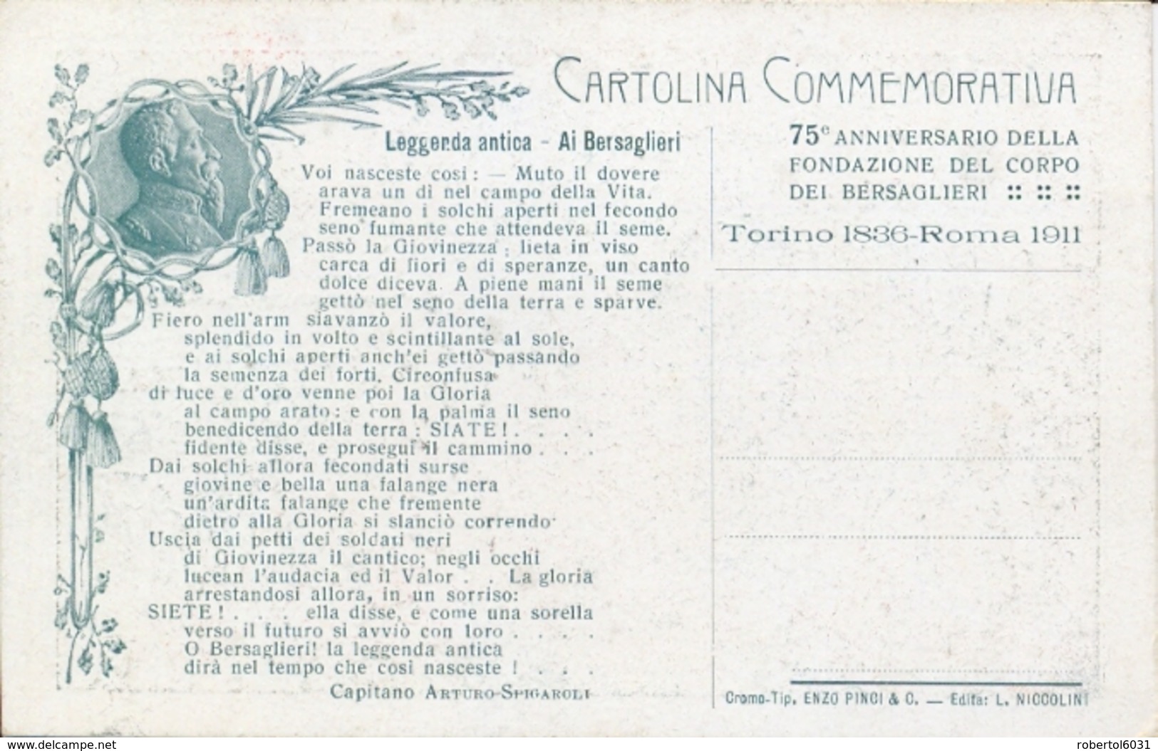Italia Cartolina Illustrata 1911 75° Anniversario Corpo Dei Bersaglieri Immagine In Bianco/nero - Patriottiche