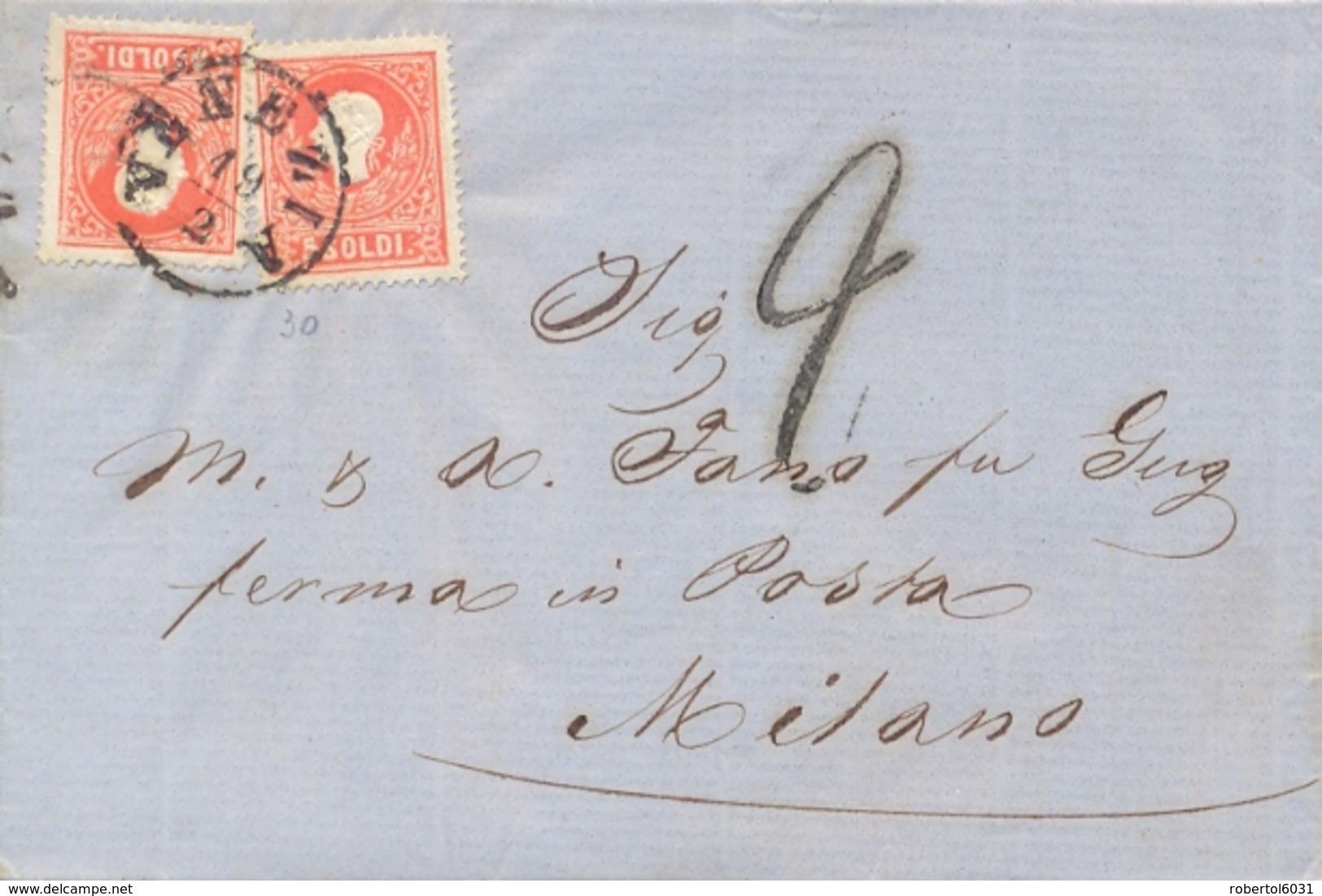 Lombardo Veneto 1860 Lettera Da Venezia Per Milano (Regno Di Sardegna) Con 2 X 5 Soldi Francesco Giuseppe II Tipo - Lombardo-Veneto