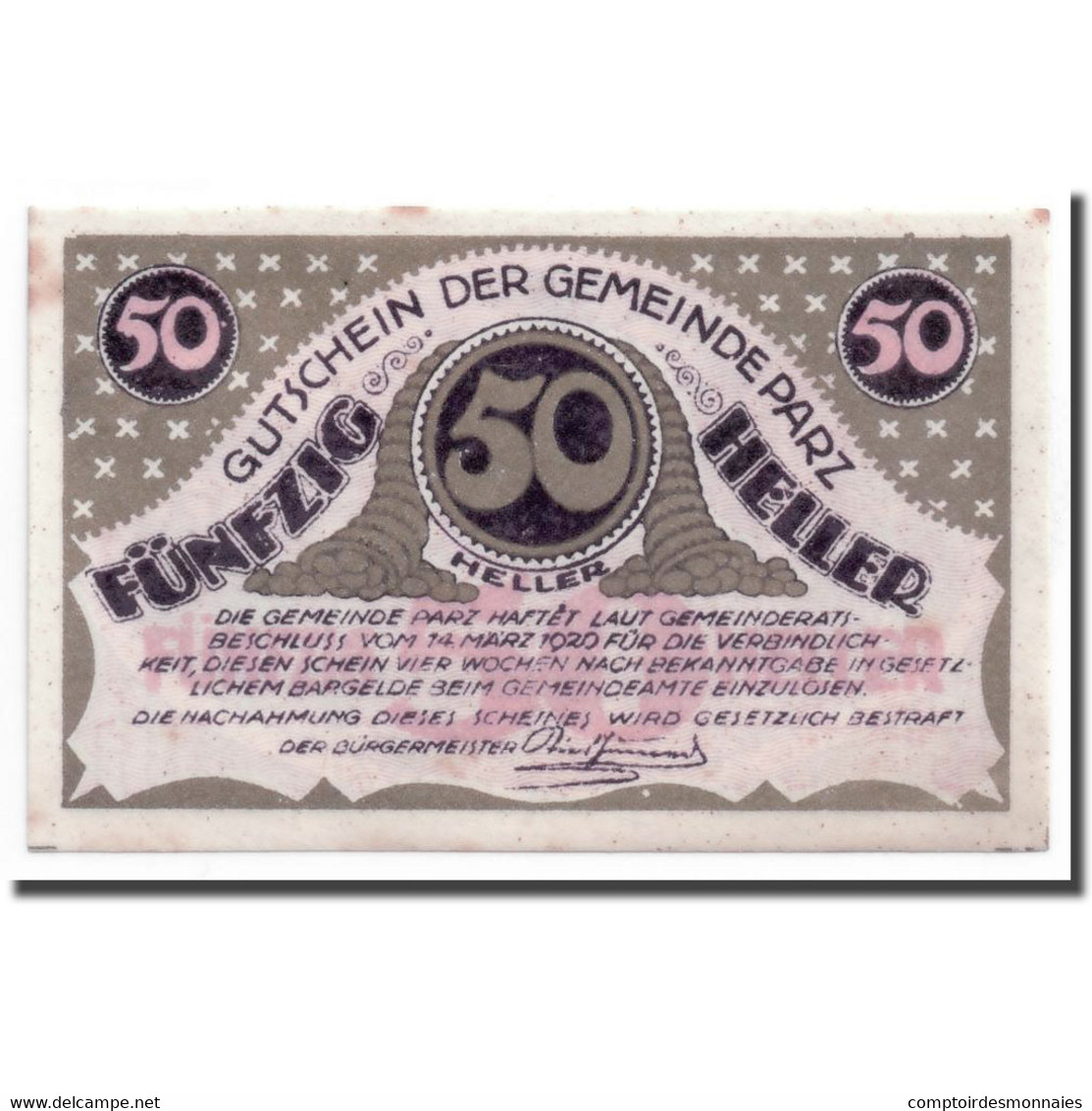 Billet, Autriche, Parz, 50 Heller, Paysage, 1920, 1920-03-14, SPL, Mehl:721b - Autriche