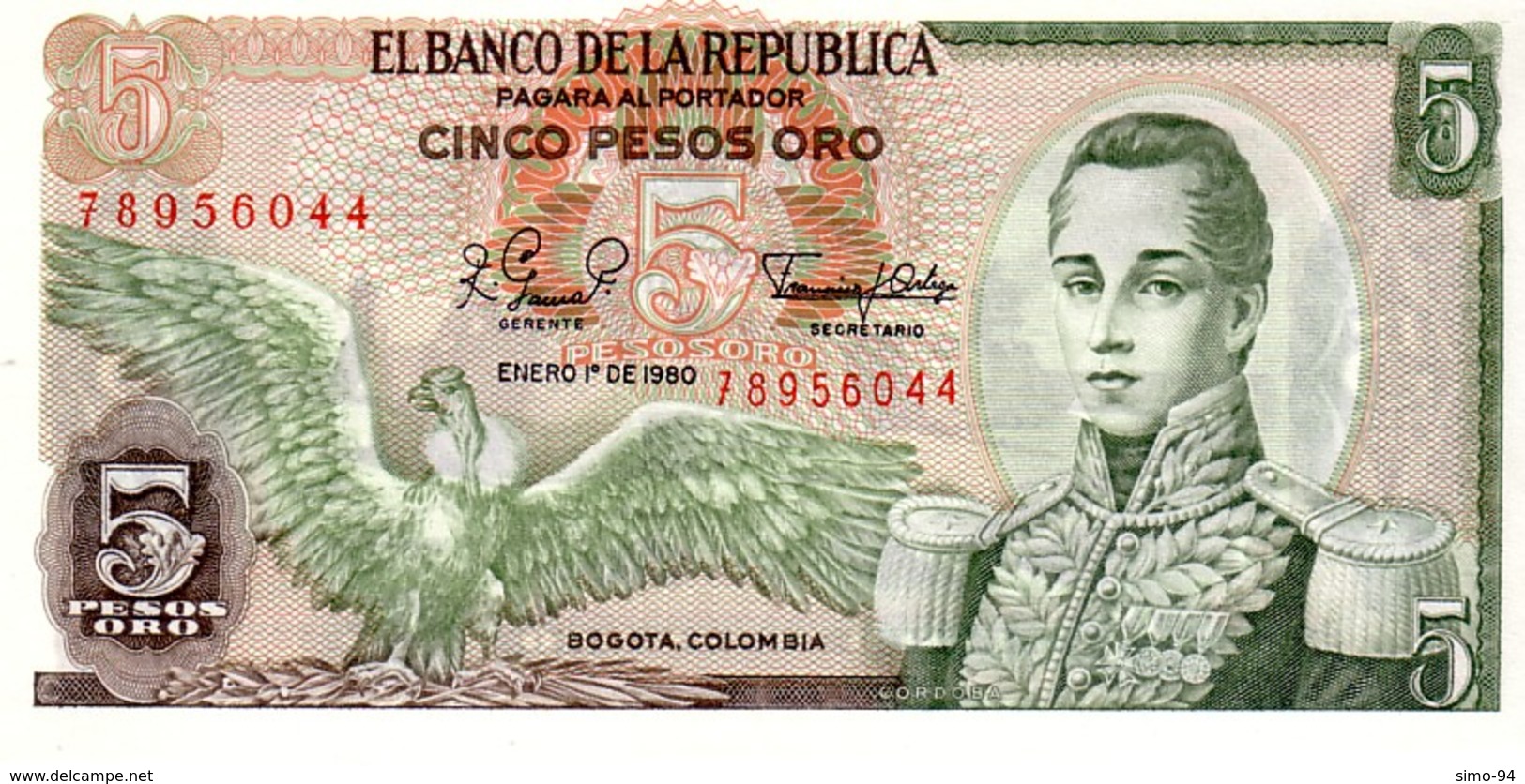 Colombia P.406  5  Pesos 1980 Unc - Colombia